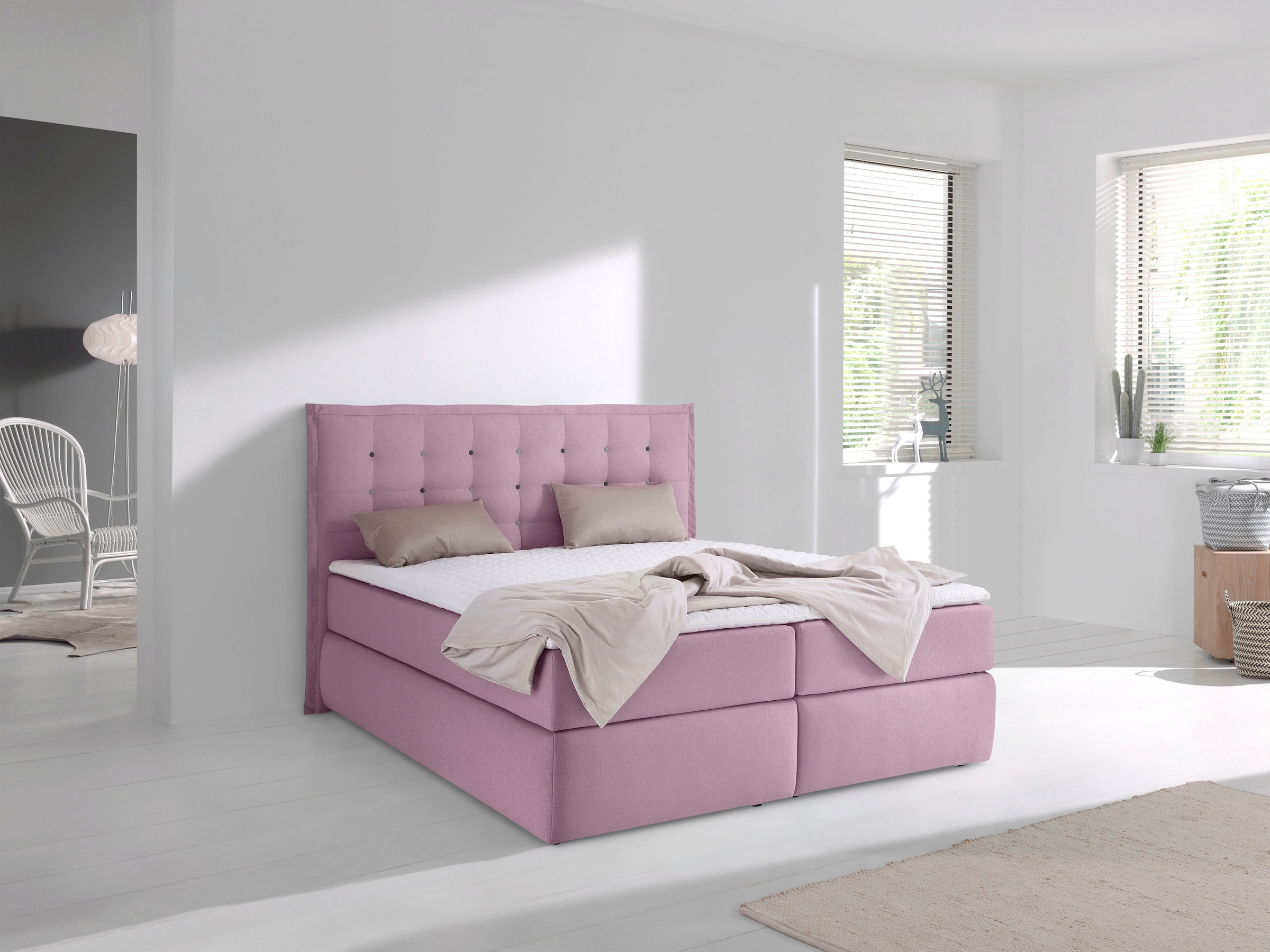 Home affaire Boxspringbett "Sagres" Kopfteil mit 2farbiger Flatterbiese und günstig online kaufen