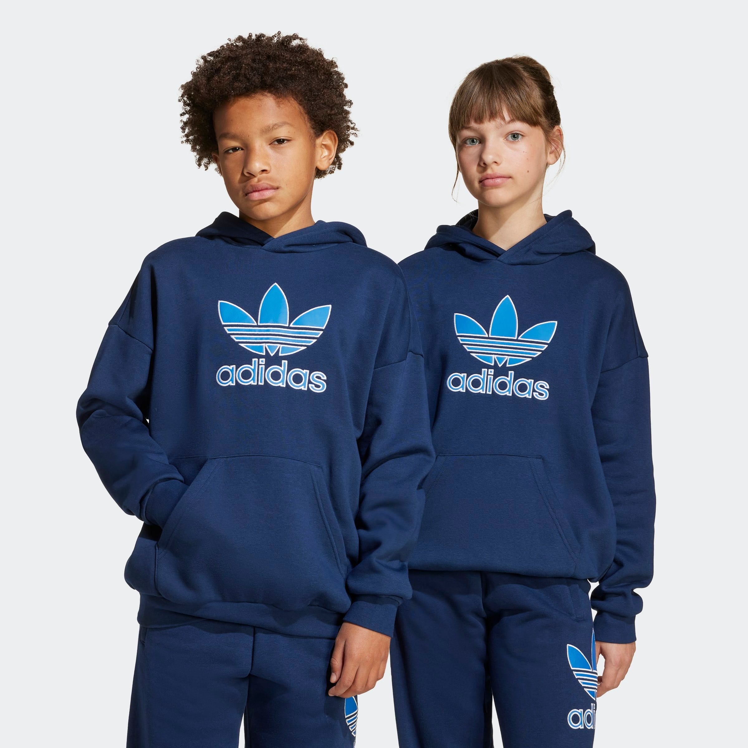 Kapuzensweatshirt ADIDAS ORIGINALS "TREFOIL KIDS HOODIE", Mädchen, Gr. 176, blau (night indigo), Obermaterial: 70% Baumwolle, 30% Polyester, normal, Rundhals, angesetztes Bündchen, Sweatshirts