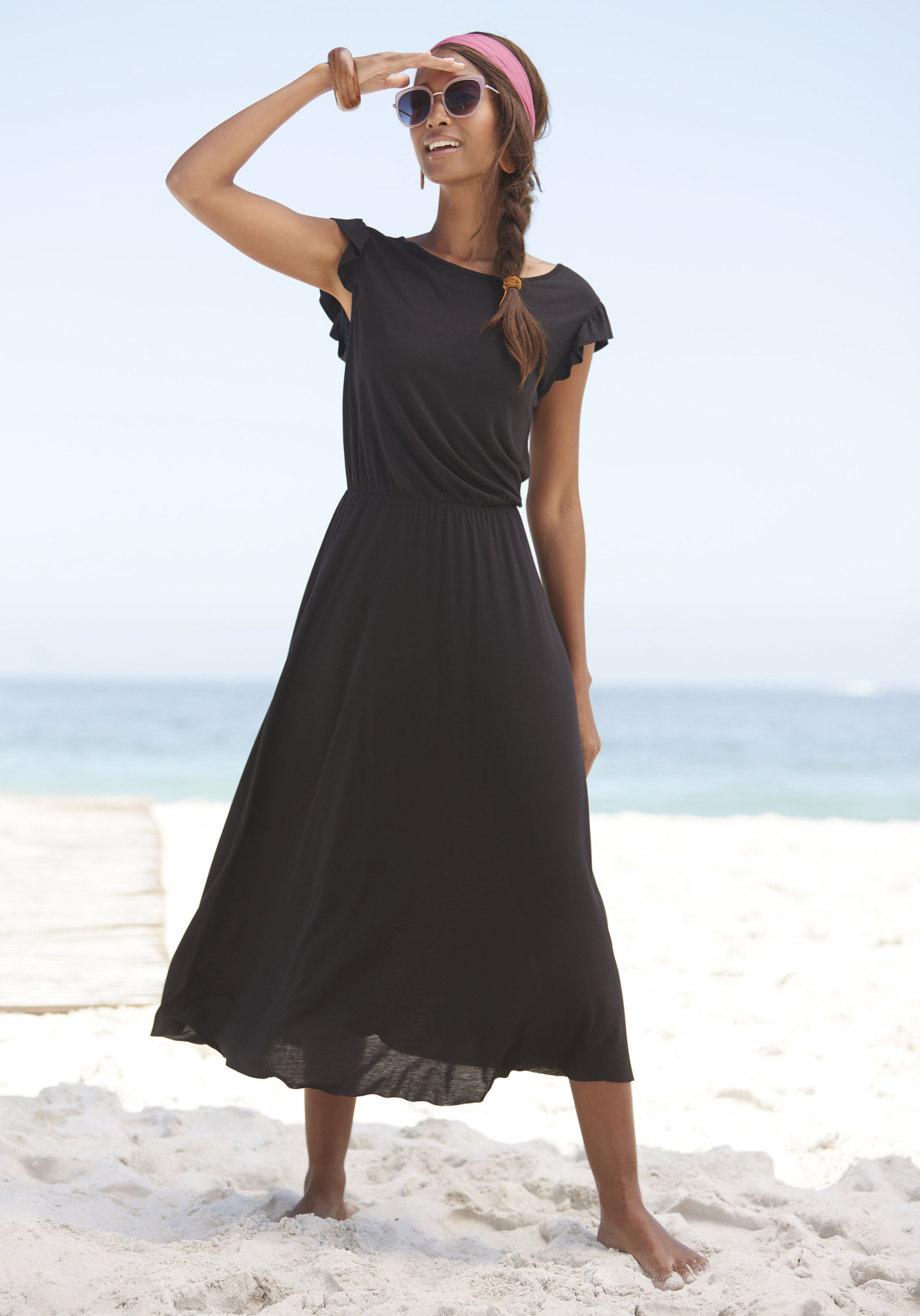 Beachtime by Lascana Jerseykleid "aus Viskosejersey mit Gummizug in der Taille, elegantes Midikleid" Ohne Taschen Kurzärmliges Sommerkleid, Strandkleid, Viskosekleid, Basic
