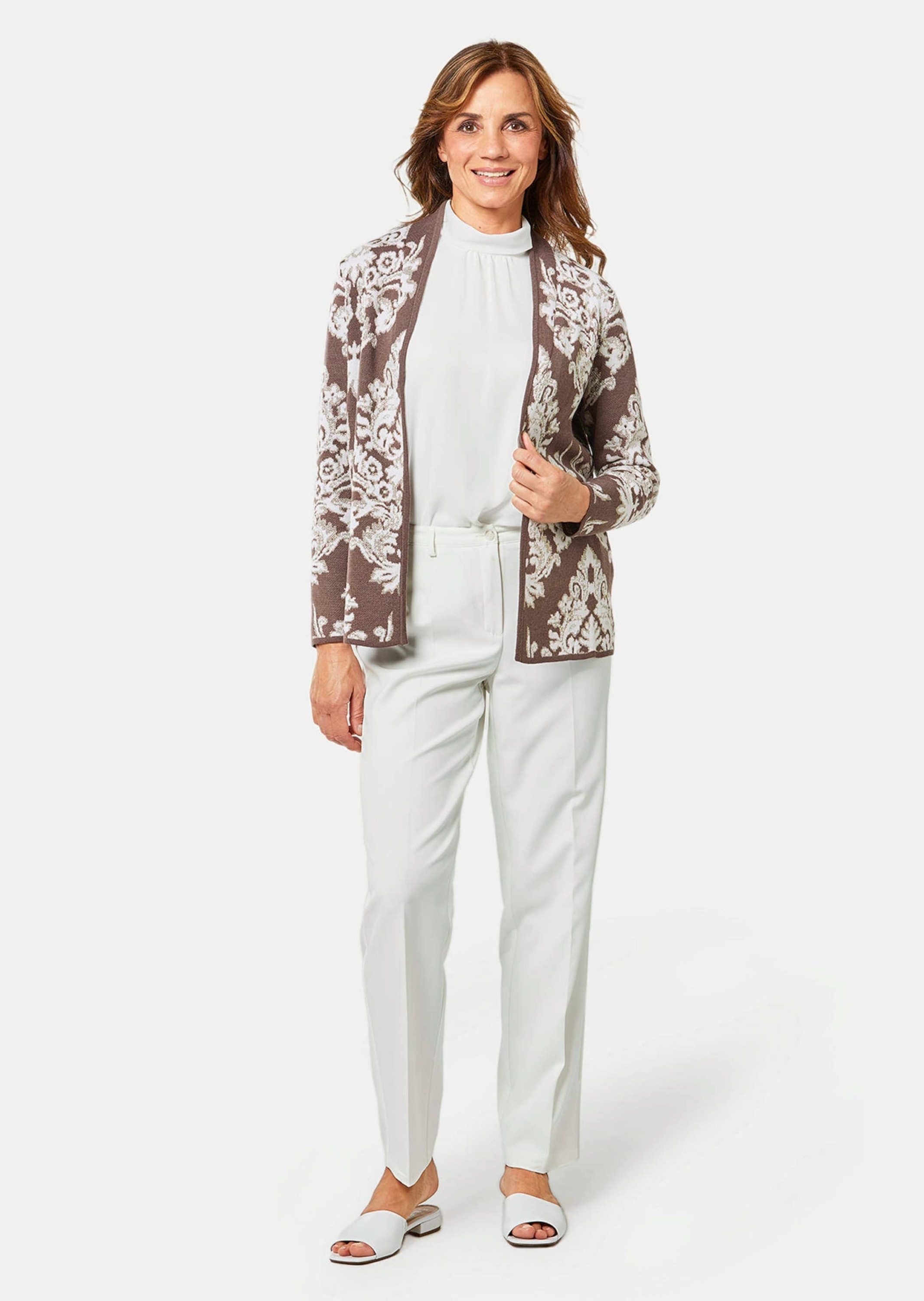 GOLDNER Strickjacke »Kurzgröße Jacquard-Strickjacke mit Glanzgarnen«