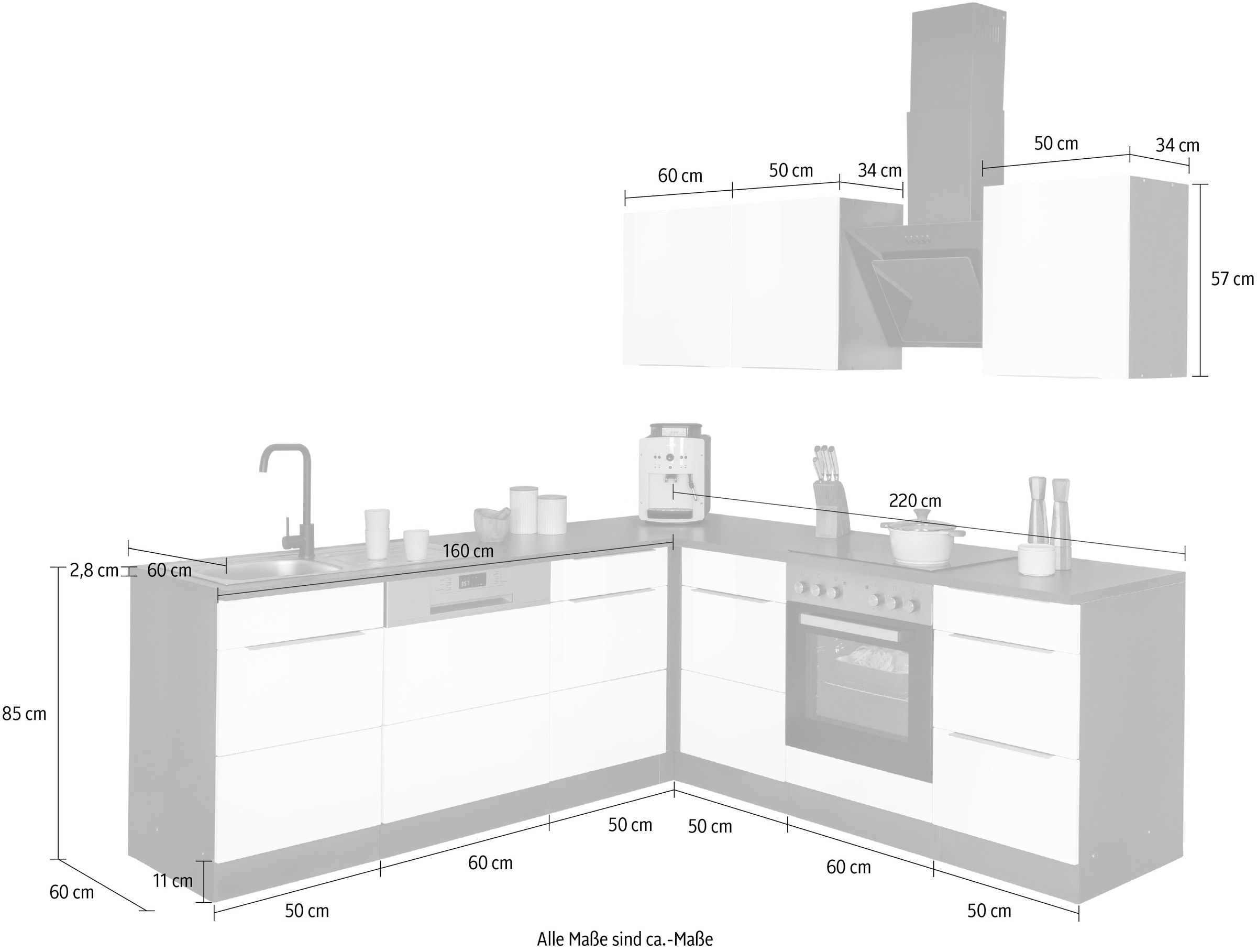 KOCHSTATION Winkelküche »KS-Brindisi«, Stellbreite 220/220 cm, wahlweise mit E-Geräten, mit MDF-Fronten