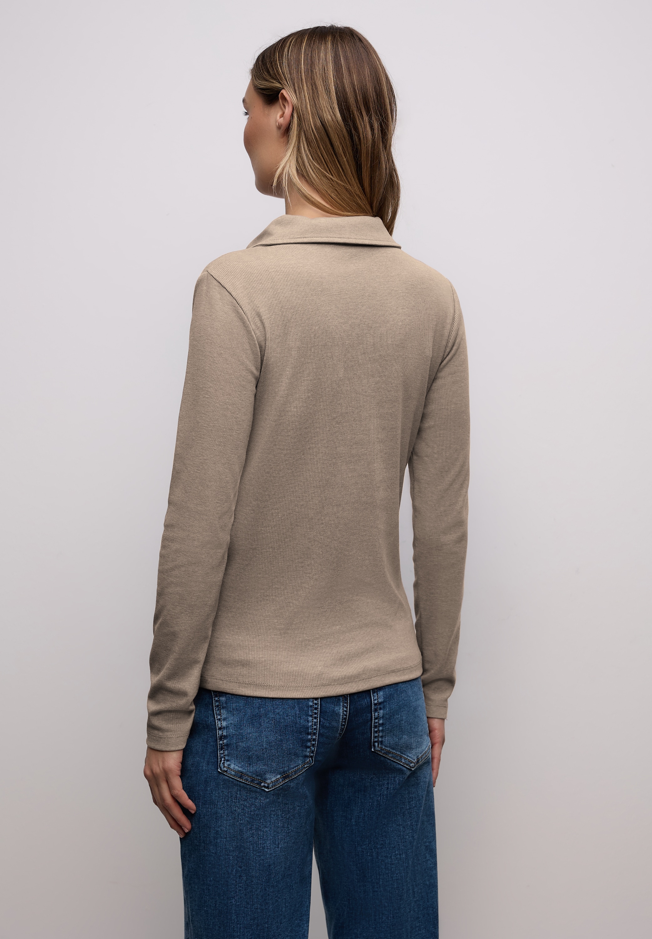 STREET ONE Langarm-Poloshirt in Melange-Optik und mit Ripp-Struktur