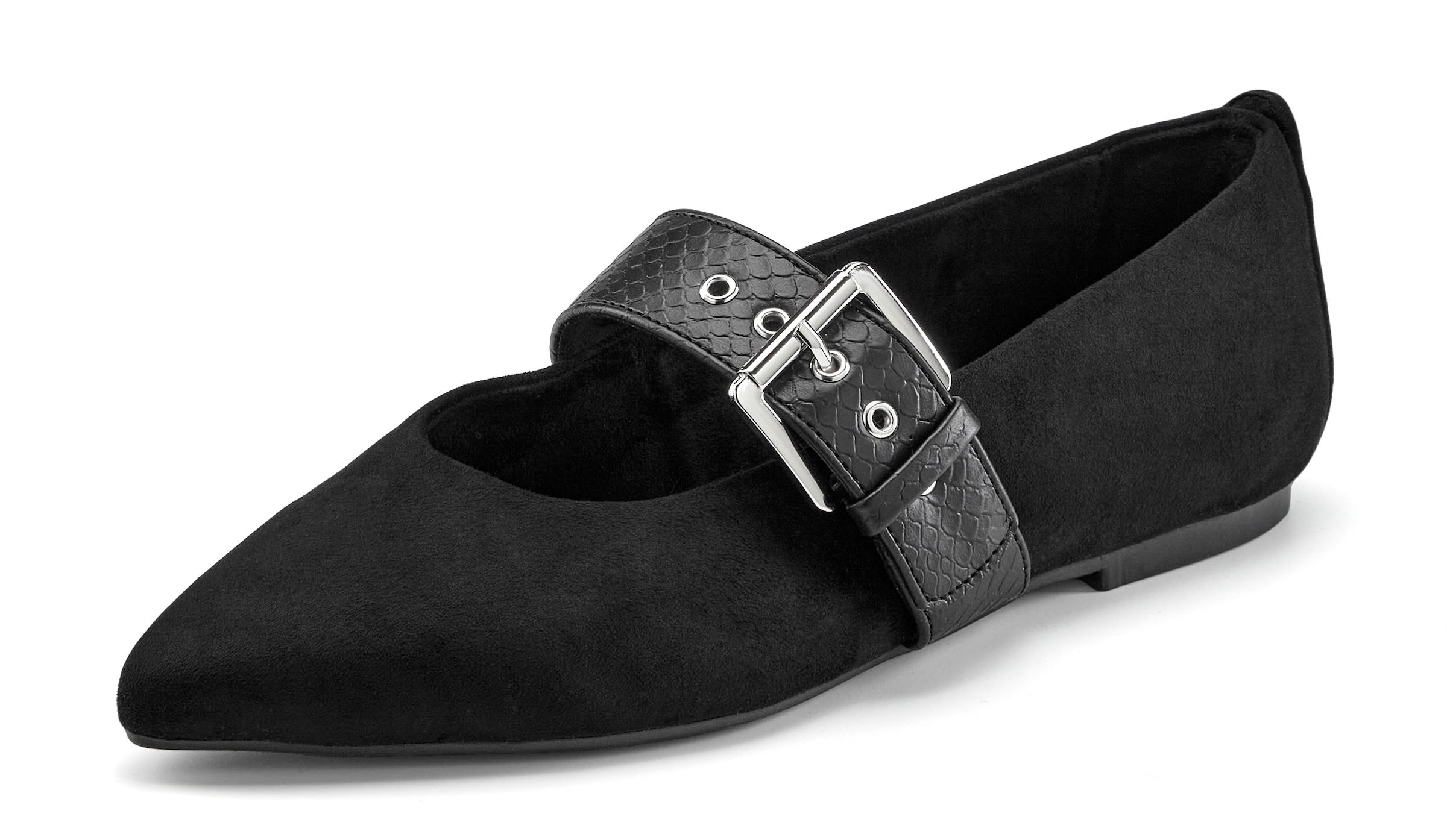 French Connection Mary-Jane-Schuhe »Spangenschuh, Flacher Halbschuh, Riemchenballerina, Schlupfschuh«  mit feiner Velours-Optik, spitzer Zehenkappe und silberner Schnalle