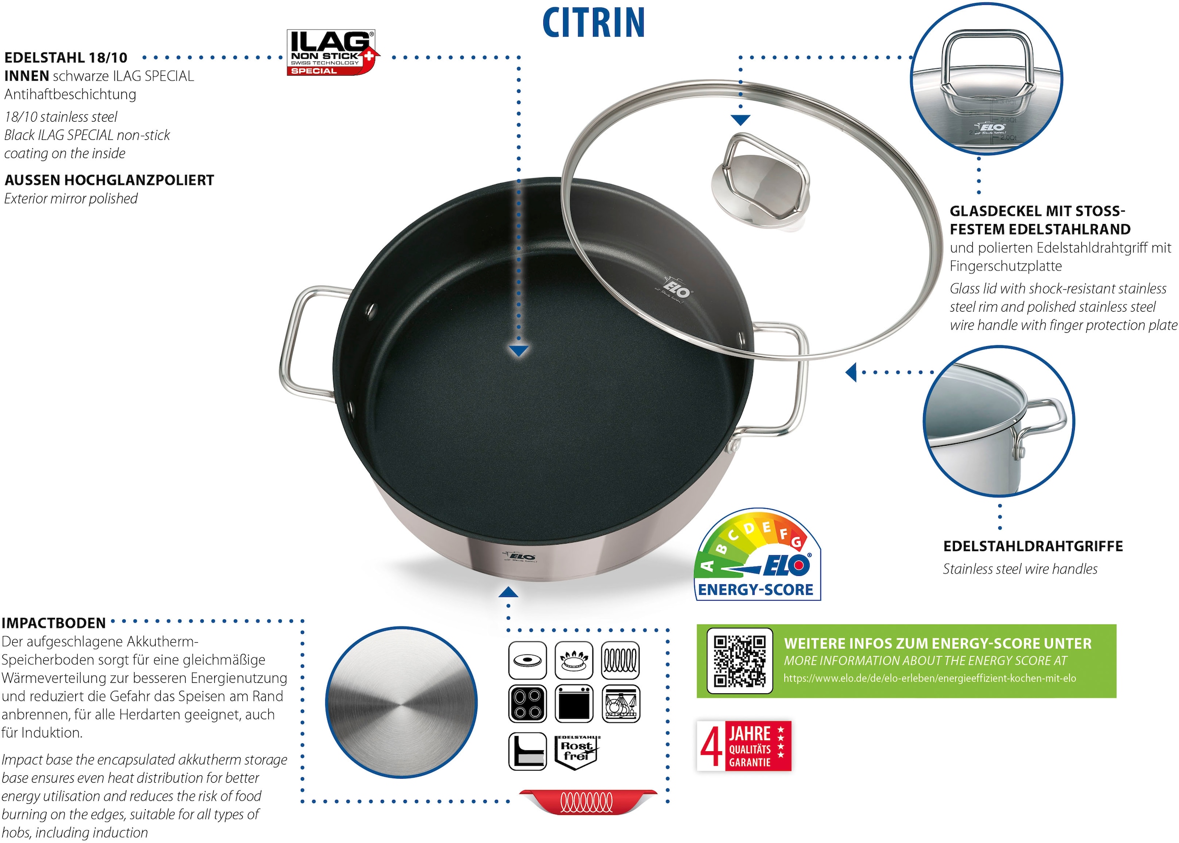Servierpfanne Induktion, tlg.), Elo 18/8, 28 (1 »Citrin«, Ø cm Edelstahl