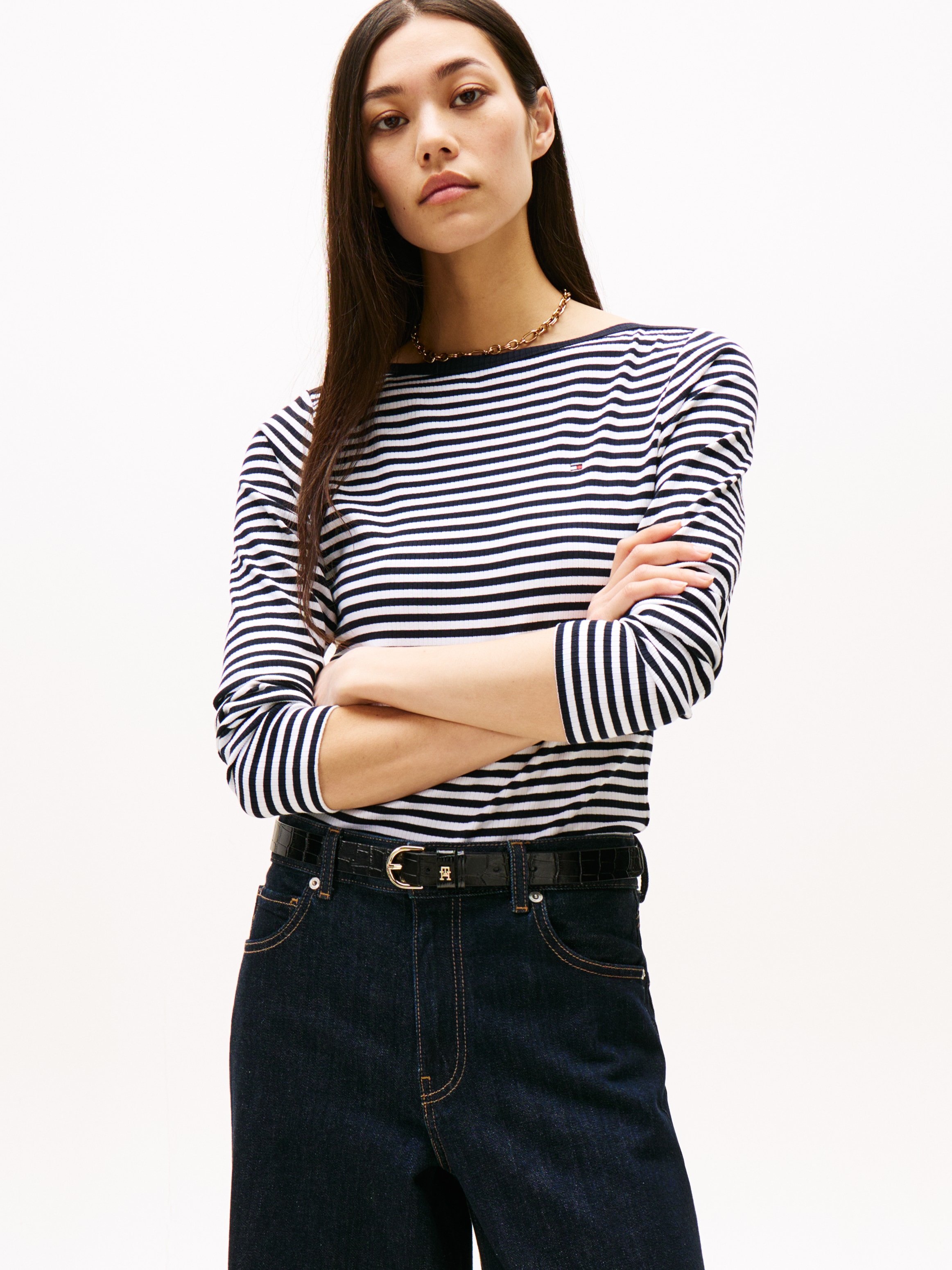 Tommy Hilfiger Langarmshirt "SLIM 5X2 RIB BOAT-NK LS mit U-Boot Ausschnitt günstig online kaufen