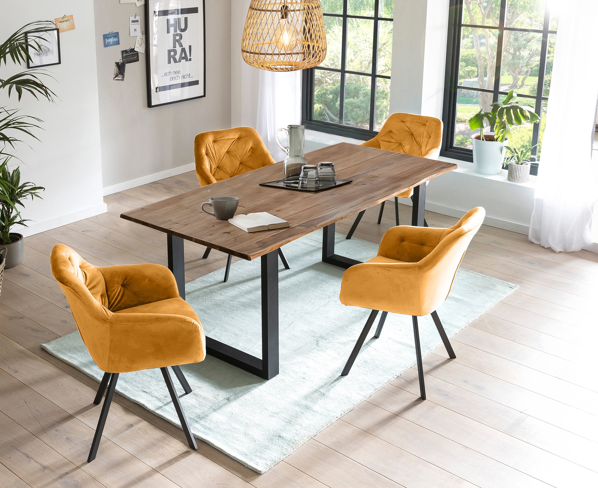 Essgruppe SALESFEVER, gelb, Massivholz, Metall, Polyester, Sitzmöbel-Sets, "Stilvolle Essgruppe", 5-teilige Sitzgruppe mit 360 Drehplatte und echter