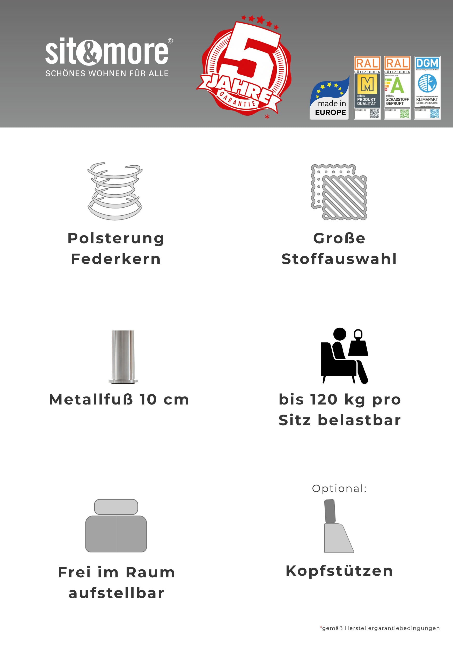 sit&more Wohnlandschaft »Cardoso U-Form« mit Federkern und Kopfstützen, mit Schlaffunktion und Relaxfunktion