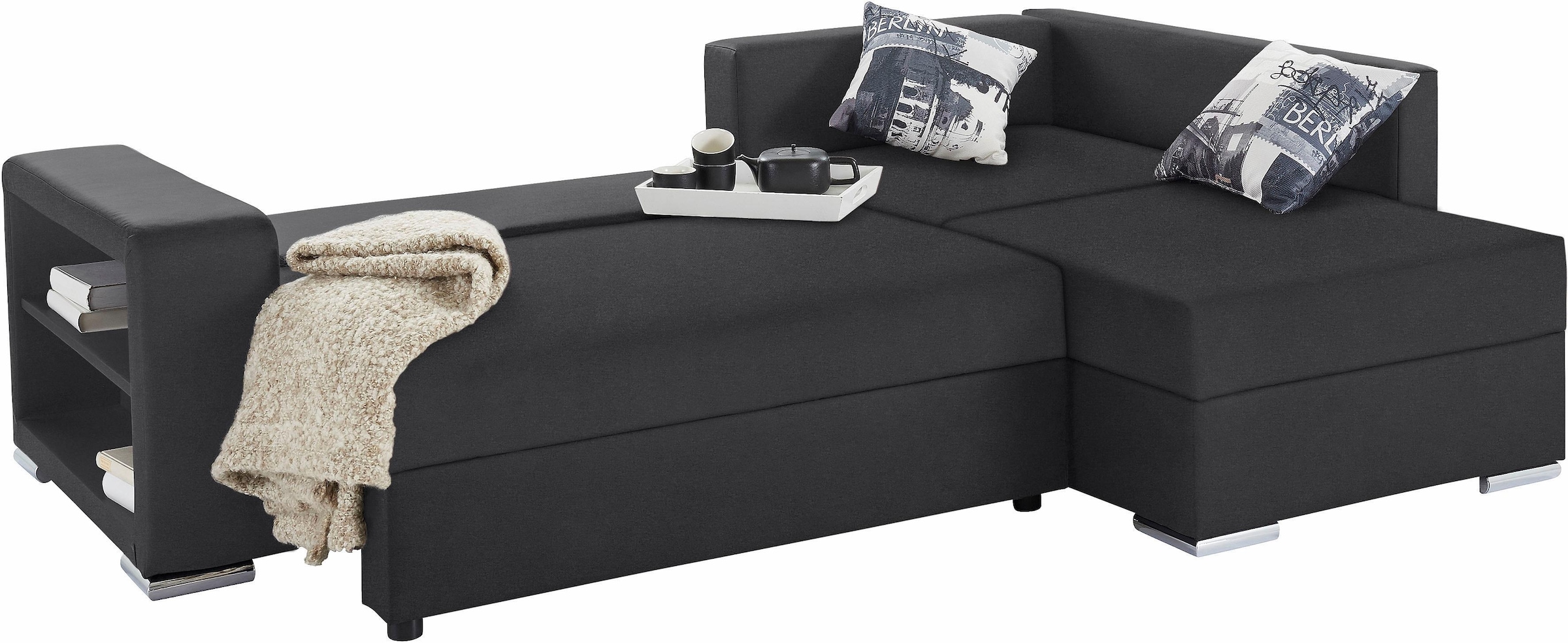 Ecksofa John mit Bettfunktion, Bettkasten und Regalarmteil