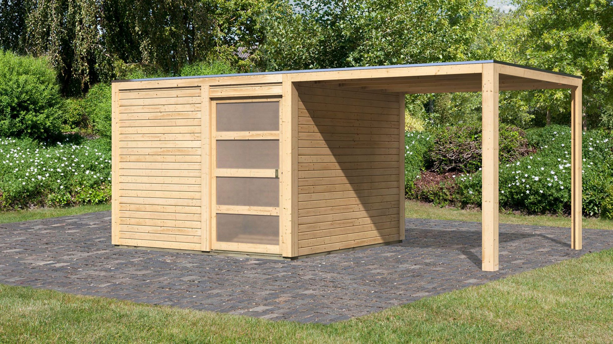 Karibu Gartenhaus "Quellsee 2" mit Anbaudach, naturbelassen oder terragrau günstig online kaufen
