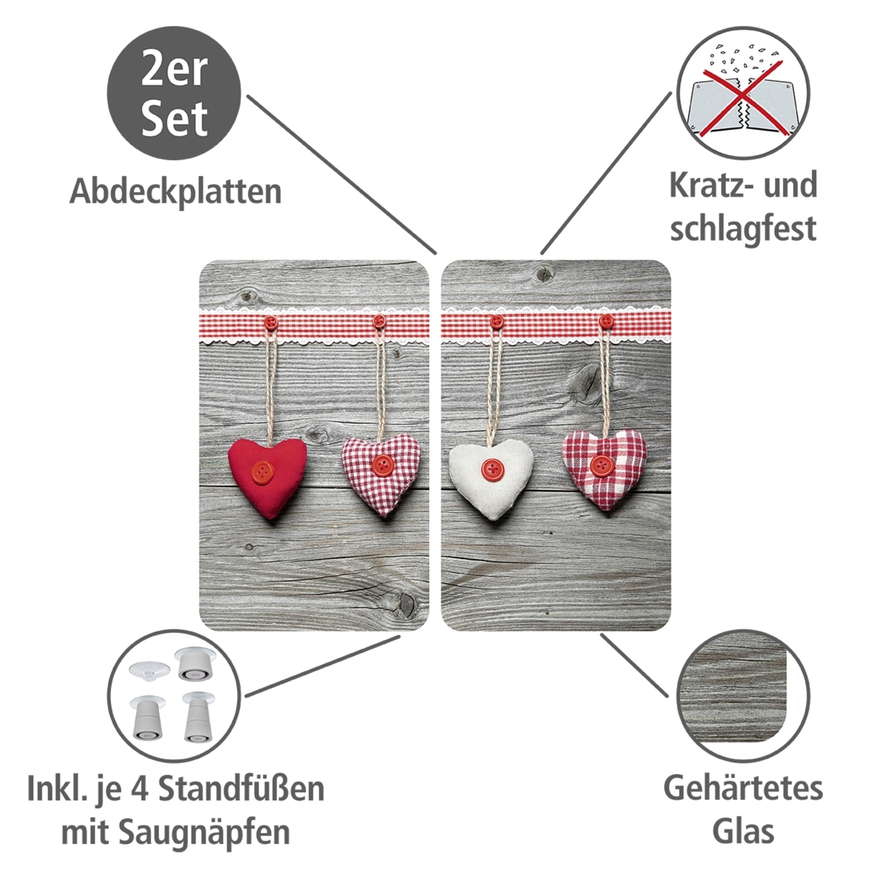 WENKO Herd-Abdeckplatte »Universal Modell Herzen«, (Set, 2 tlg.), Herdabdeckung für alle Herdarten, kratzfest, mit rutschfesten Füßen