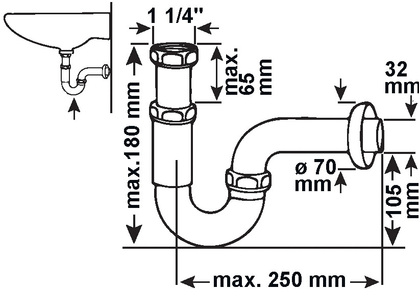 CORNAT Siphon »1 1/4 Zoll x 32 mm - Pflegeleicht & korrosionsbeständig«, Metall verchromt - Röhrensiphon für Waschbecken
