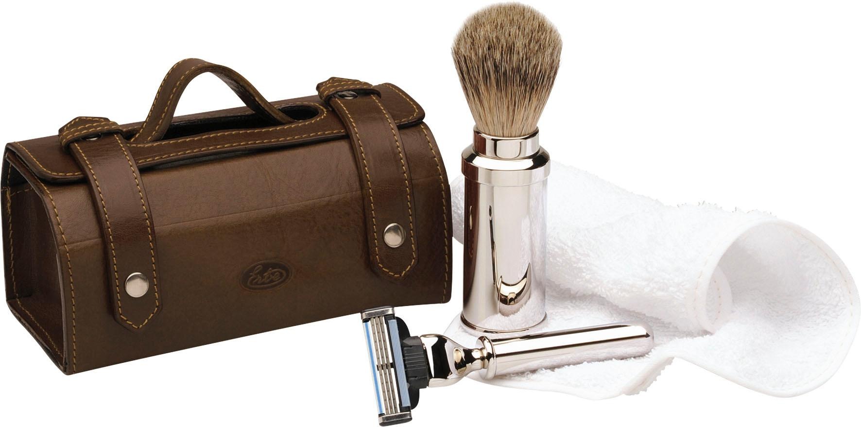 ERBE Herren Reise-Rasierset, braun, B:9,5cm H:16cm T:8cm, Rasiersets, Elegante Leder-Tasche mit hochwertigem Rasierer und Pinsel.
