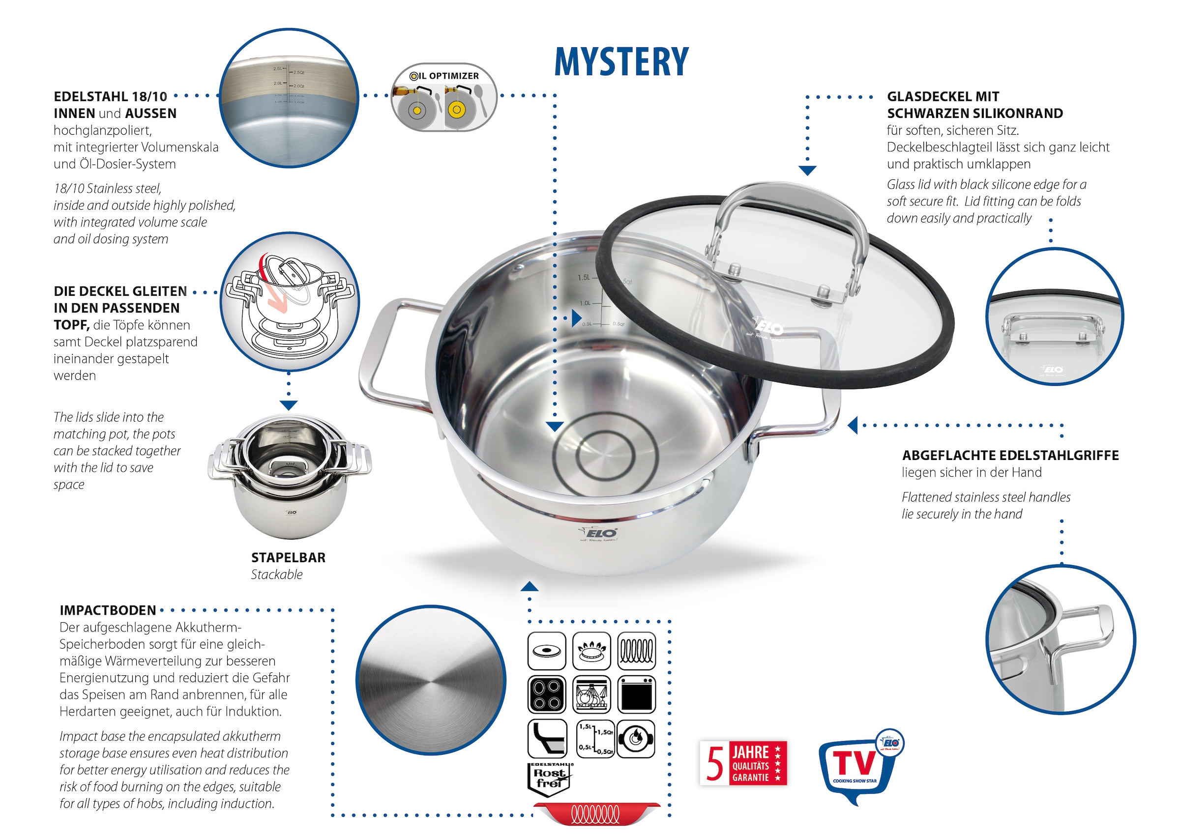 Elo Topf-Set »Mystery« Set, je 1x Fleischtopf mit Deckel Ø 16/20/24 cm, 6 Stk. tlg. Edelstahl 18/8