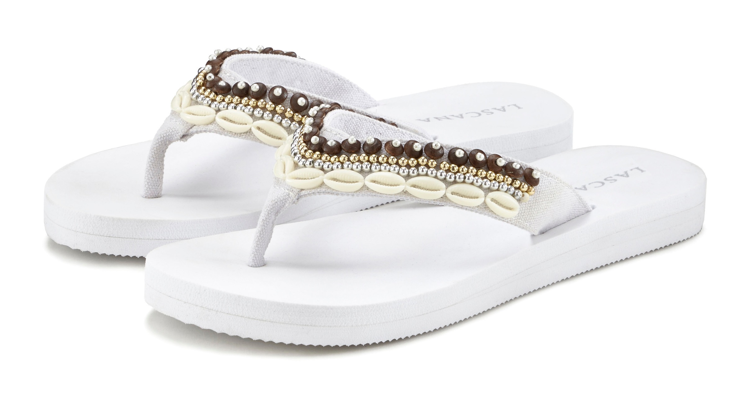 LASCANA Badezehentrenner "Sandale, Badeschuh, Pantolette, Badelatsche, Flip Flop, Sommerschuh," Zehentrenner mit Muschel-Imitaten VEGAN