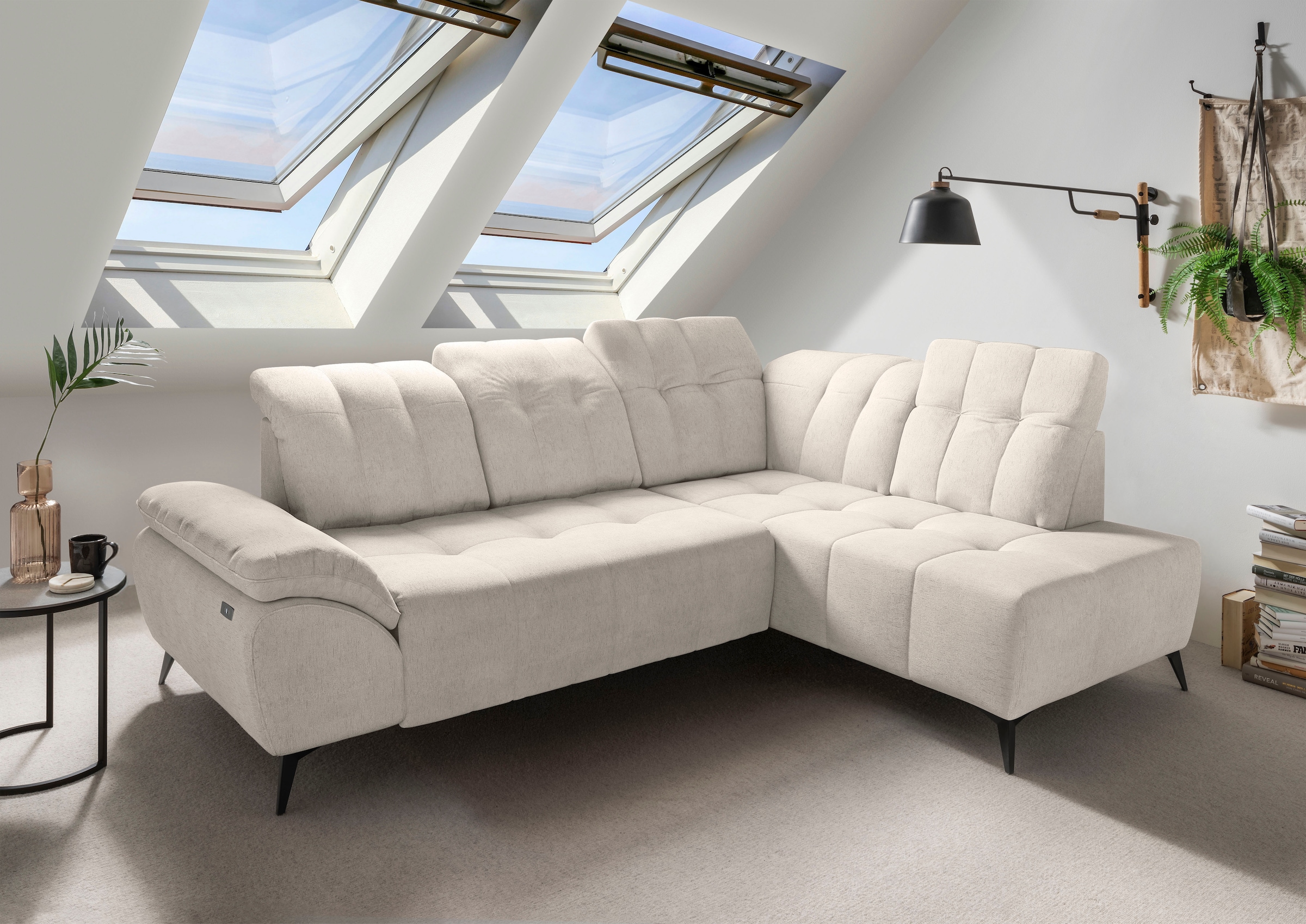 Home affaire Ecksofa "Fiore modern, bequeme Armlehne, tolle Detailverarbeitung, L-Form" elektrischer Sitzvorschub und Kopfstützen höhenverstellbar
