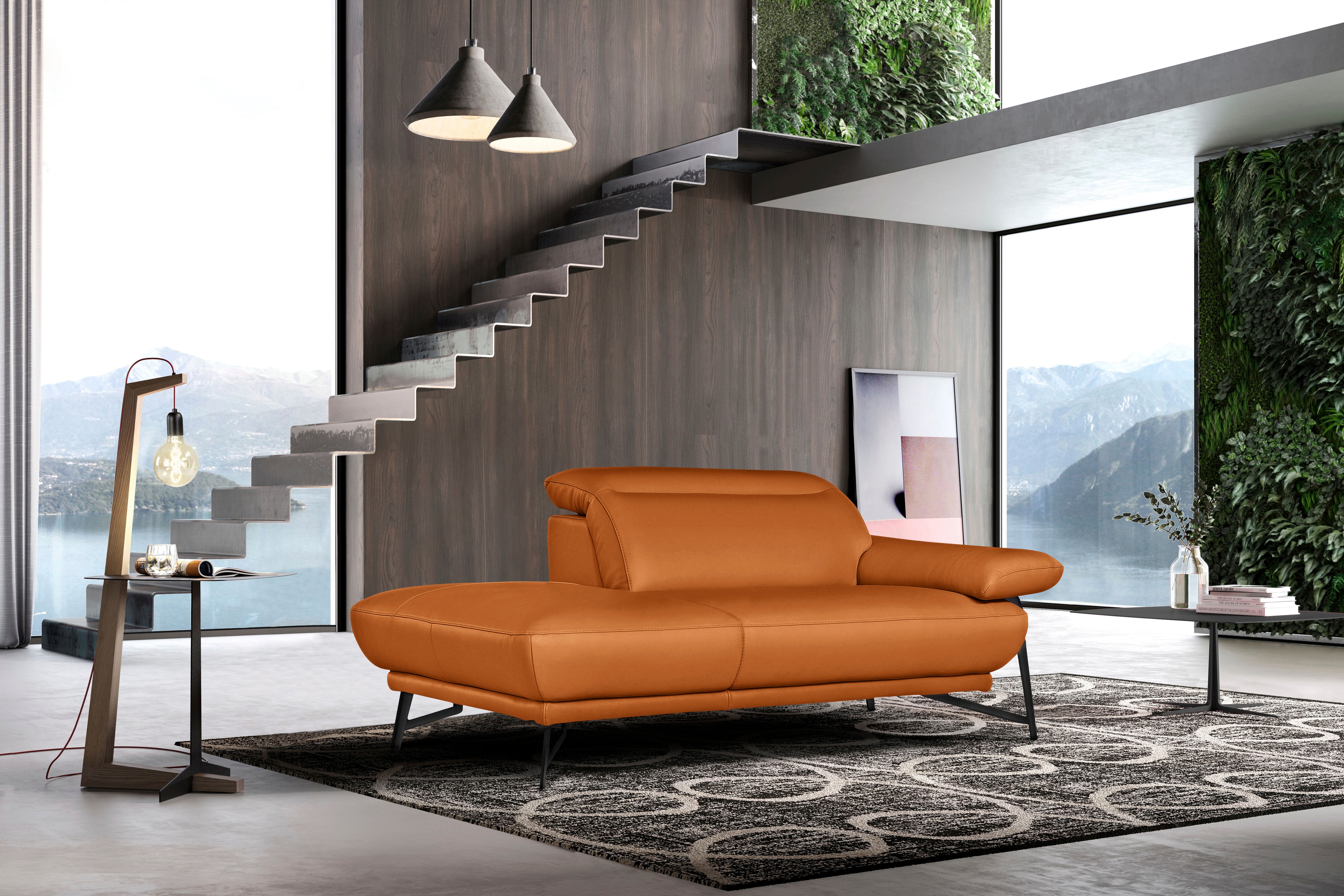Egoitaliano Ottomane "Anais, erstklassiges Designsofa, Breite 179 cm, Fußfarbe schattengrau" Kopfteil verstellbar, Leder BULL, orange