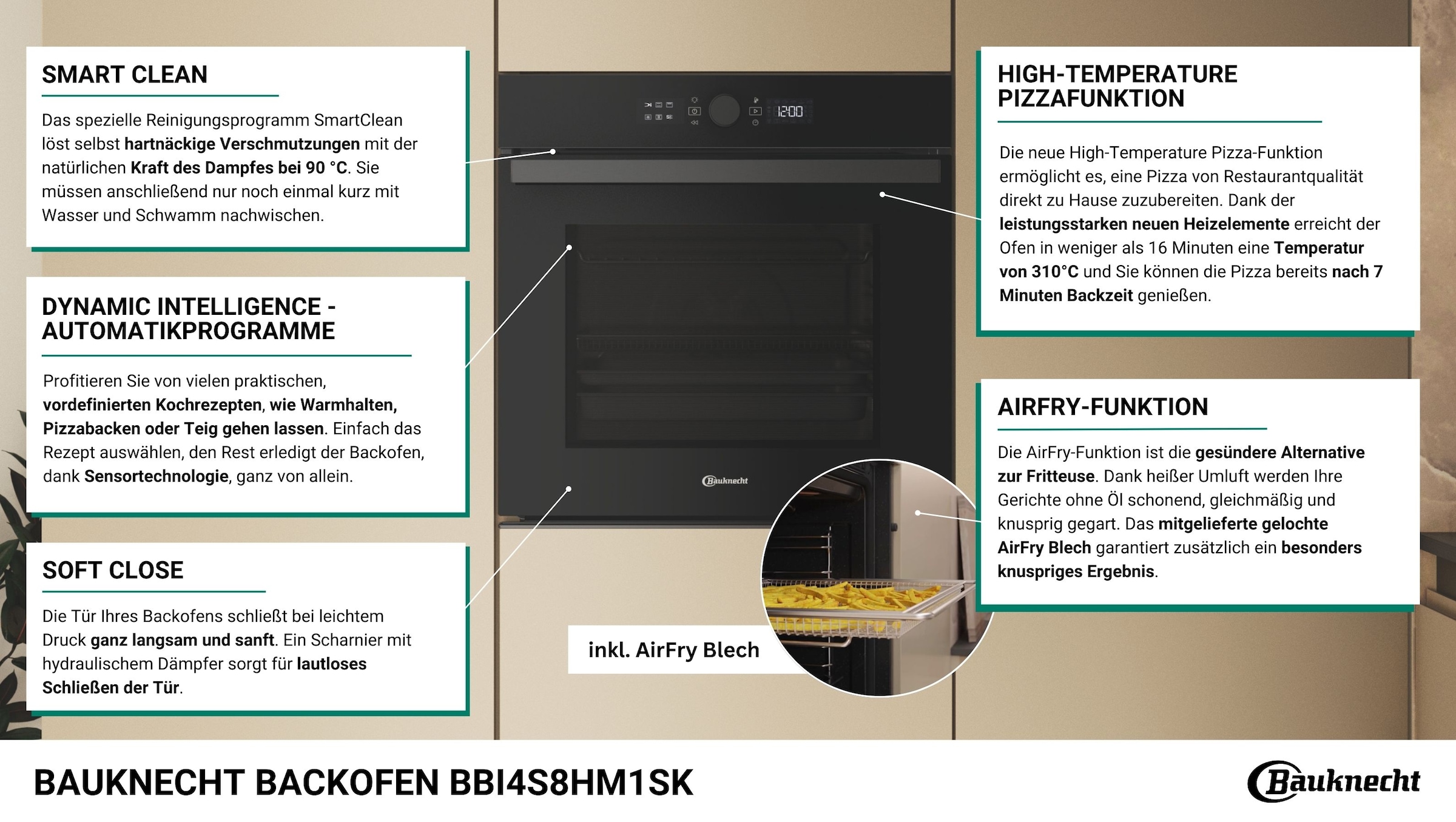 BAUKNECHT Einbaubackofen  »BBI4S8HM1SK«, mit 1-fach-Teleskopauszug, Hydrolyse, AirFry-Funktion, Pizzafunktion, 1-fach-Teleskopauszug, Gentle Steam