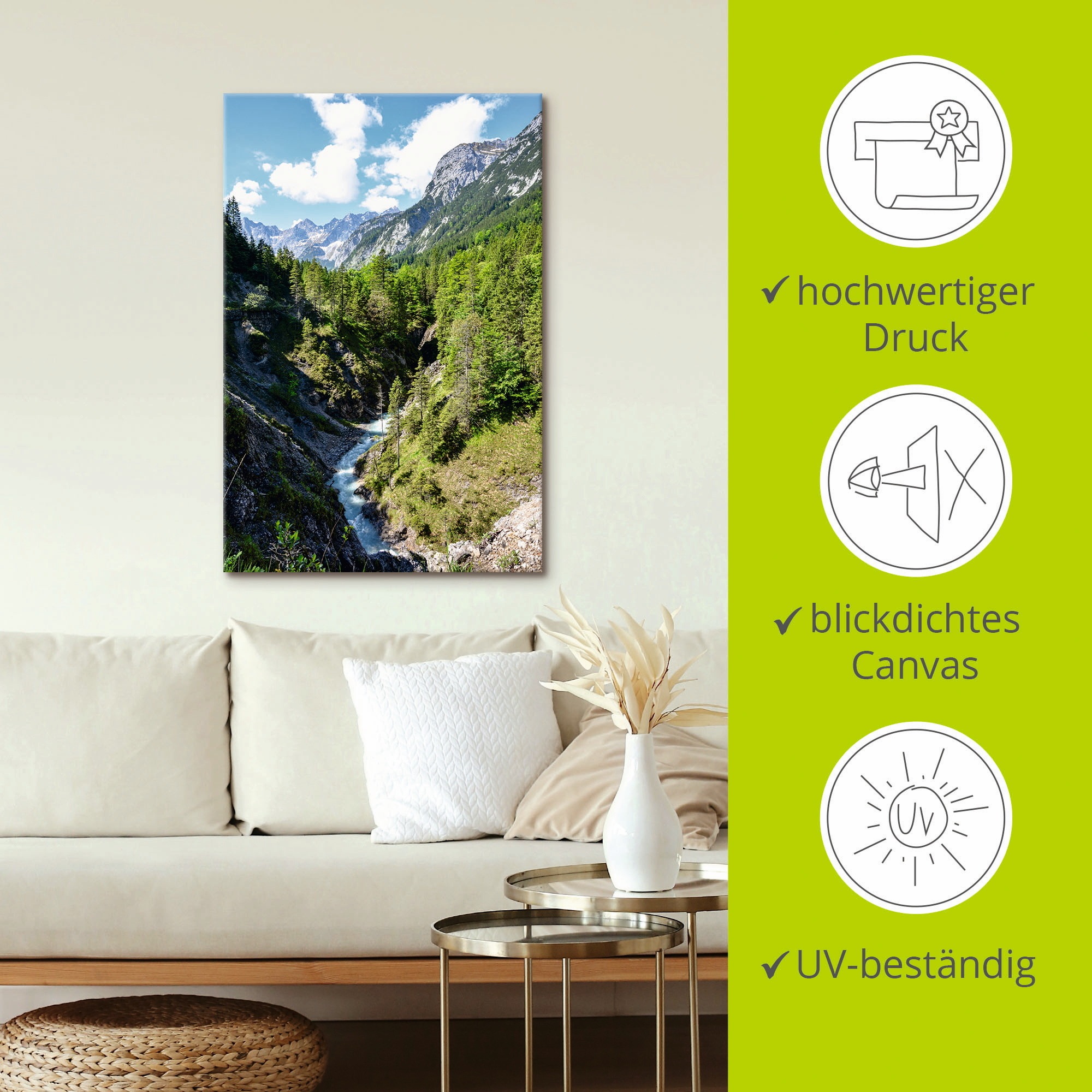 Artland Wandbild »Fluss schlängelt sich durch Tal«, Berge, (1 St.), als Leinwandbild, Poster in verschied. Größen
