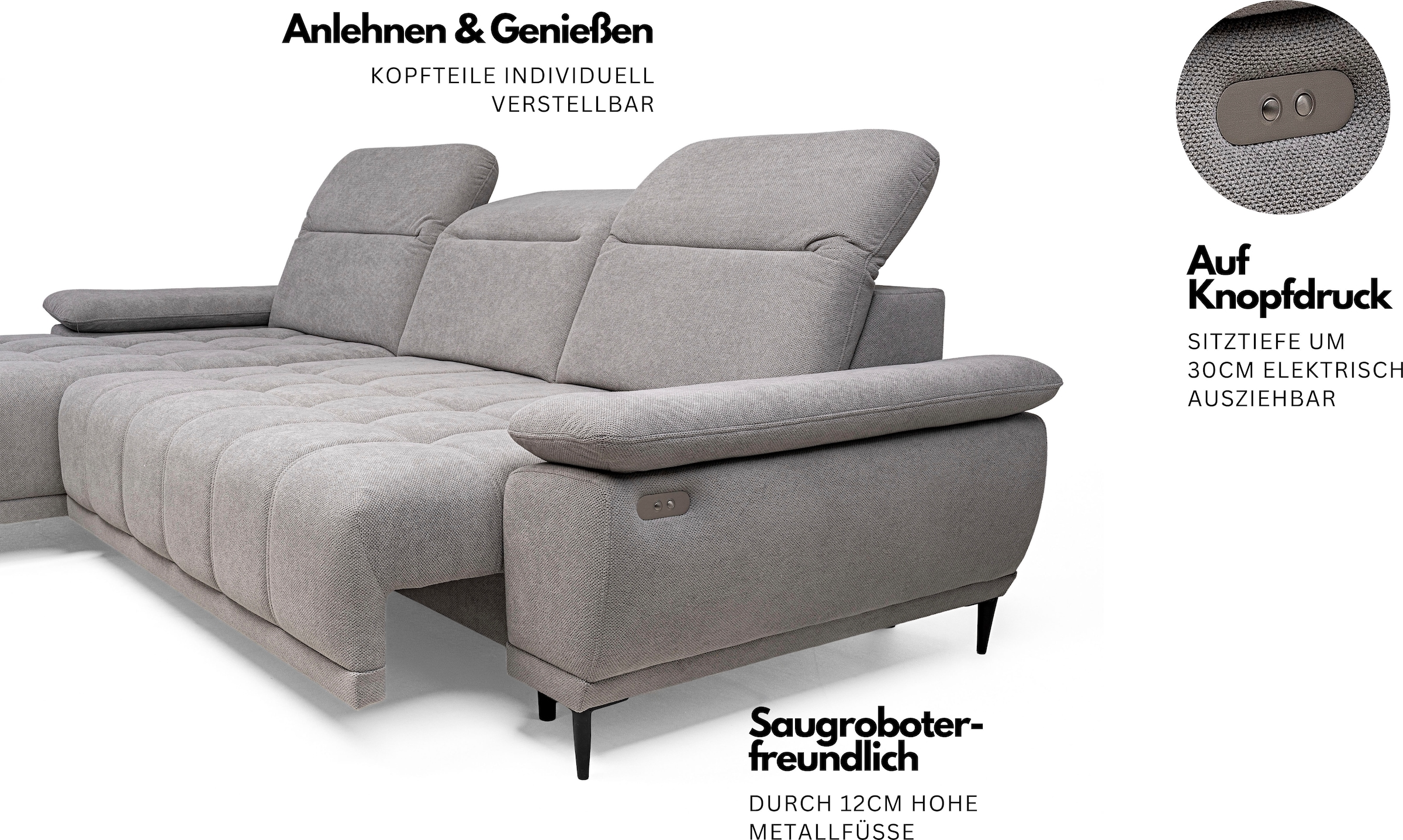 WERK2 Ecksofa »Focus-S elektr. Sitztiefenverstellung, verst. Kopfteile, bodenfrei« Luxus-Microfaser weich, L-Form, XXL, elektrische Sitztiefenverstellung