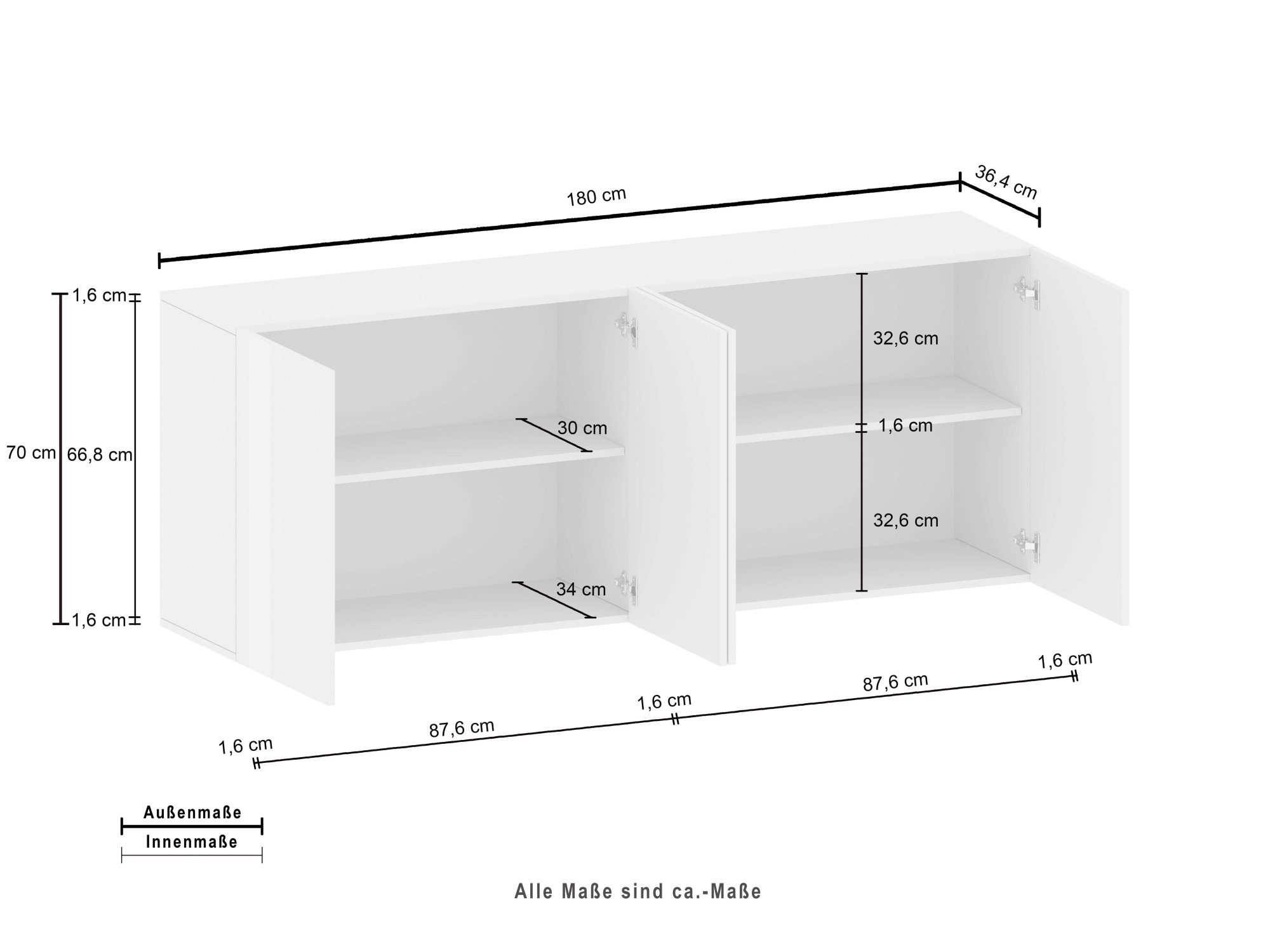 INOSIGN Sideboard »Egypt, Kommode, Schrank, Büffet, Kredenz, grifflos«, 4 Türen, Weiß Komplett Hochglanz lackiert  B.180