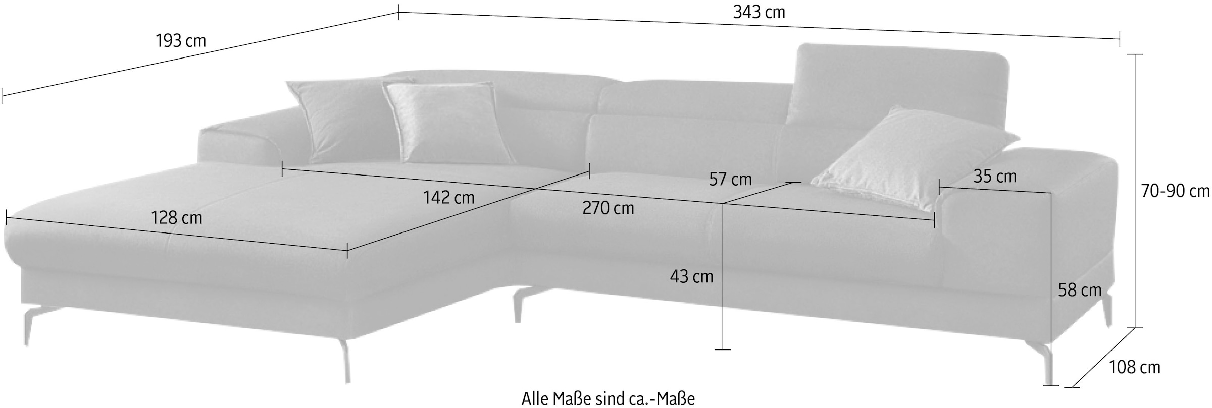 W.SCHILLIG Ecksofa »piedroo«, Kopfteilverstellung, wahlweise mit Sitztiefenverstellung, Breite 343cm