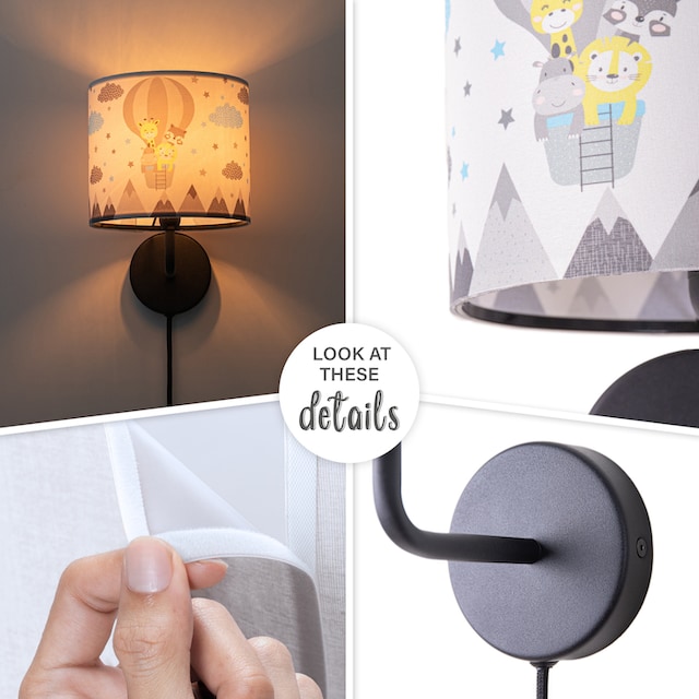 Paco Home Wandleuchte »Cosmo 343«, 1 flammig-flammig, Lampe Kinderzimmer  Stecker âˆ…18cm Heißluftballon Tiere Kabel 3m E14 | BAUR