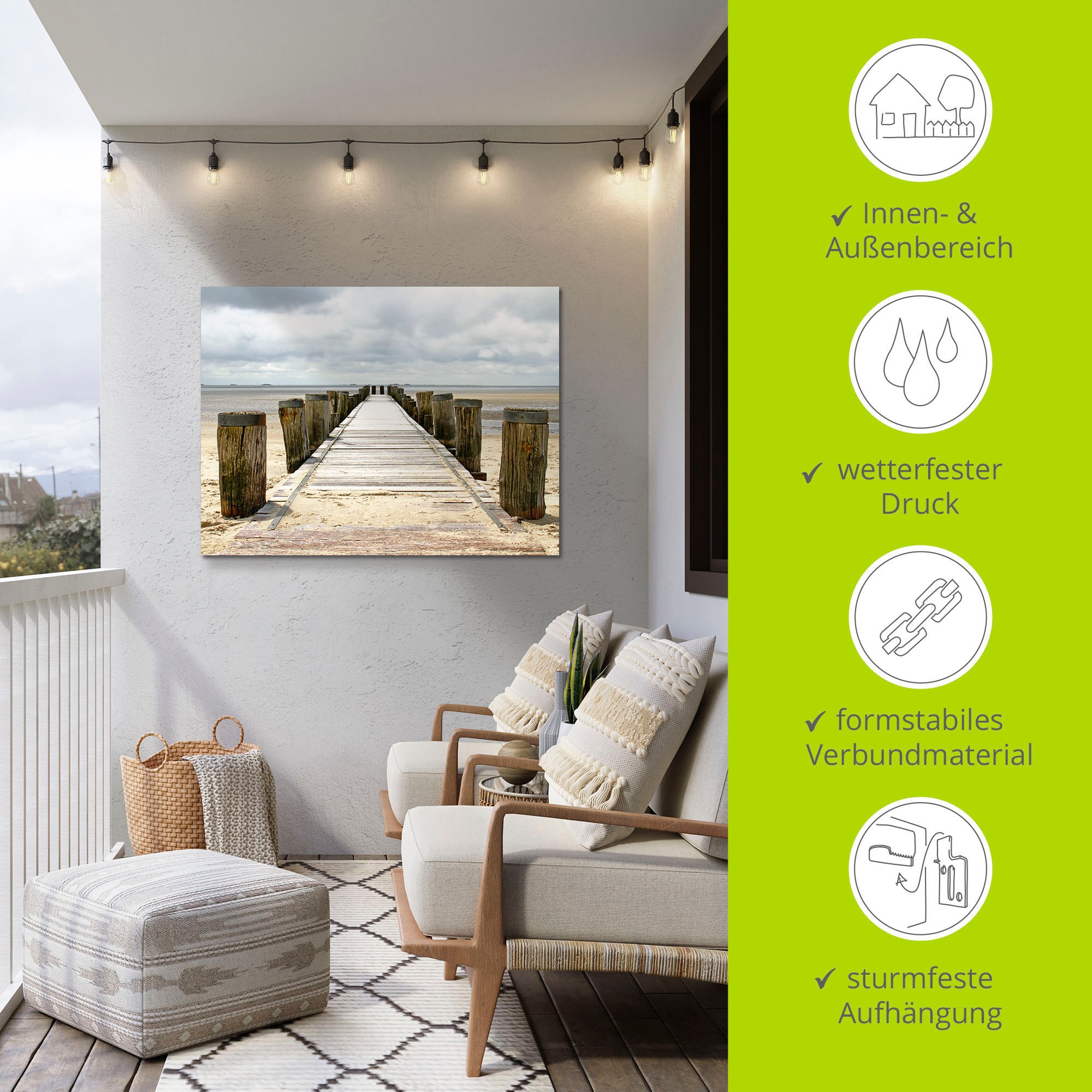 Artland Wandbild »Steg ins Watt«, Strand, (1 St.), als Alubild, Outdoorbild, Leinwandbild, Poster in verschied. Größen