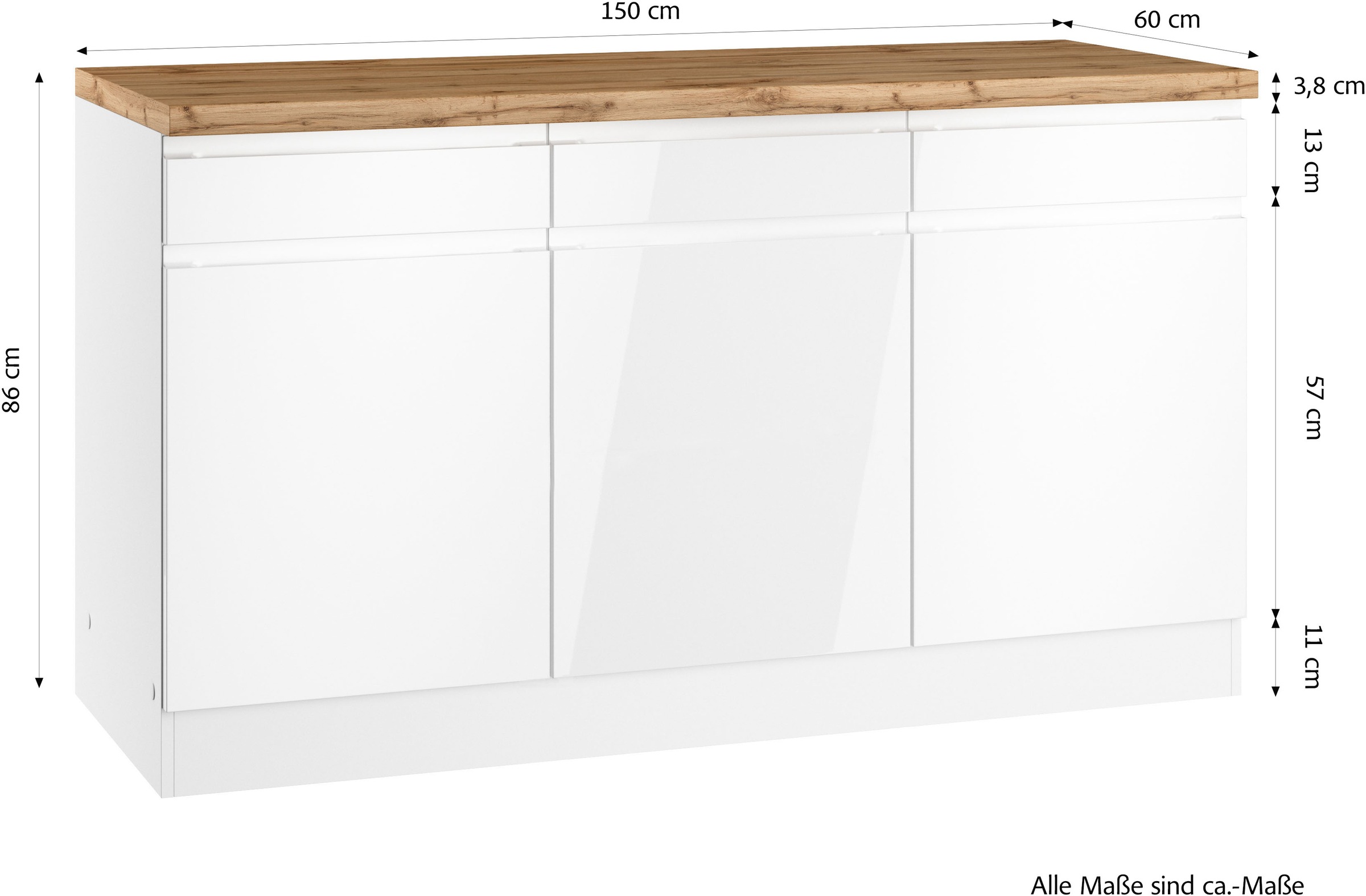 KOCHSTATION Unterschrank »KS-Virginia,neu in verbesserter Ausführung« Stauraum, Softclose,  Breite 150 cm, 3 Türen, Soft-Close-Funktion