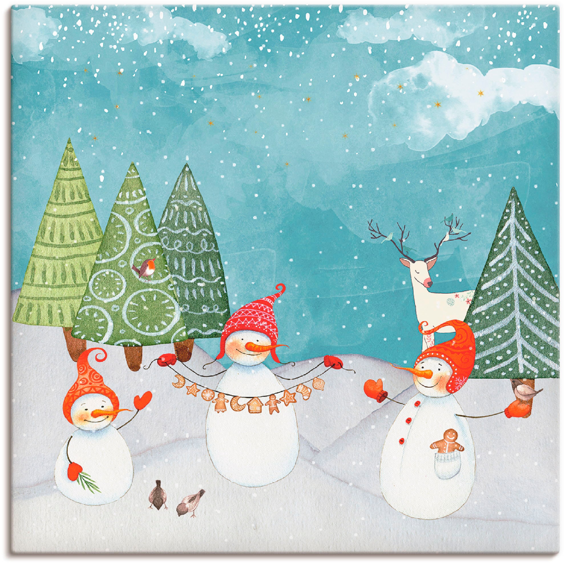 Artland Leinwandbild »Schneemänner und Tierfreunde«, Weihnachten, (1 St.), auf Keilrahmen gespannt