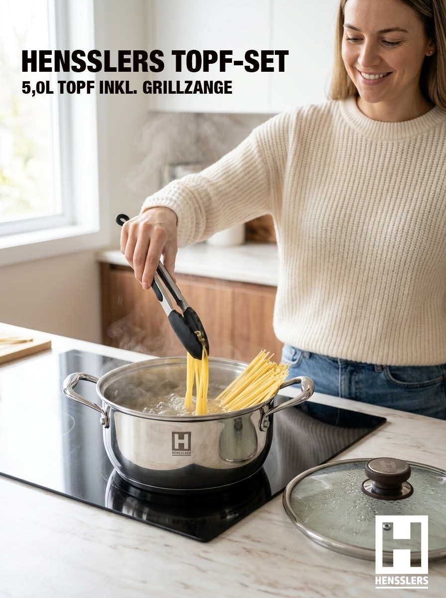 HENSSLERS Kochtopf "HENSSLERS Topf-Set - inkl. HENSSLERS Grillzange" Set, 3 tlg. Edelstahl