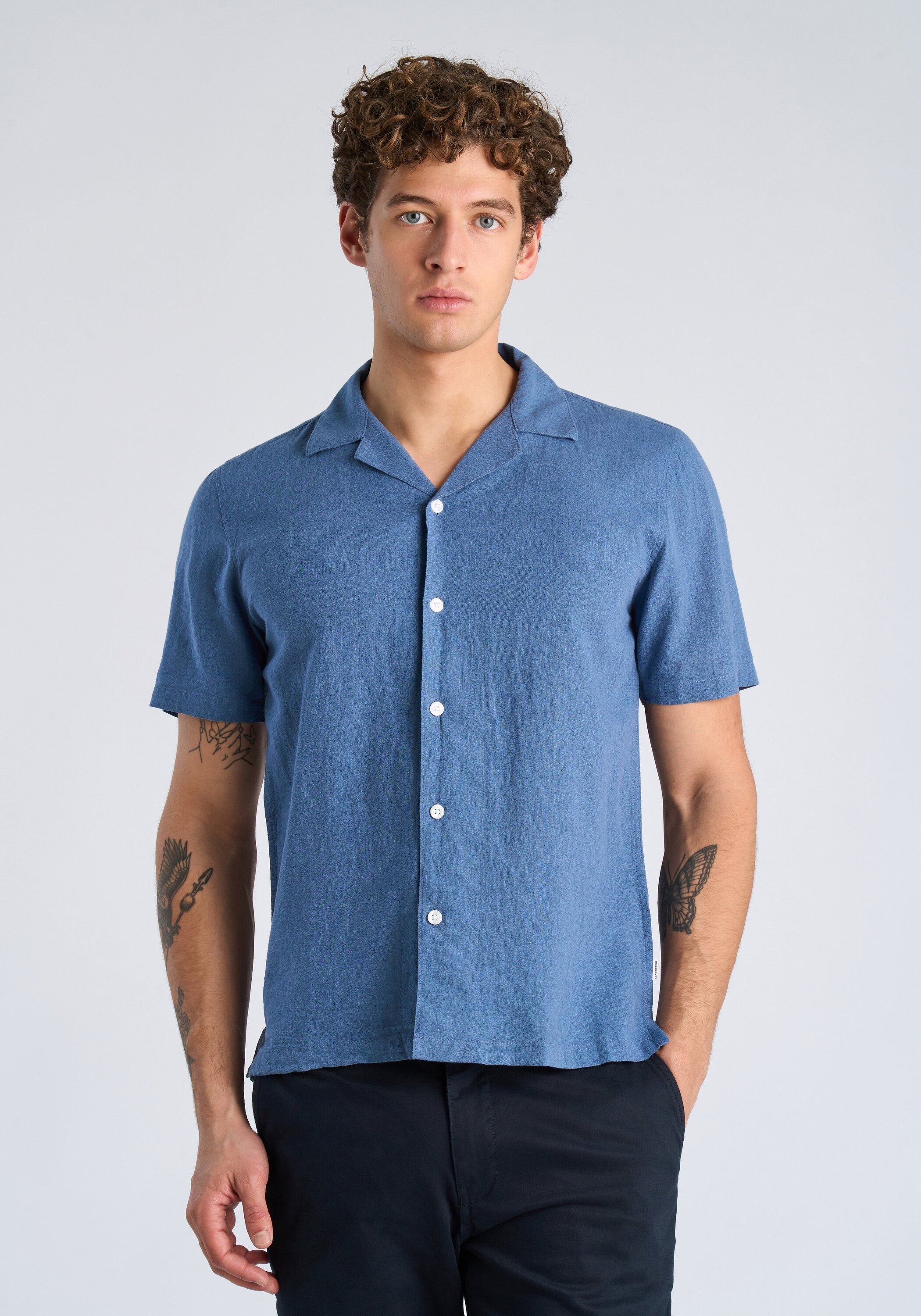 Leinenhemd LINDBERGH "Leinenhemd Relaxed Fit", Herren, Gr. S, Normalgrößen, dusty blau, Obermaterial: 55% Leinen, 45% Baumwolle, Hemden