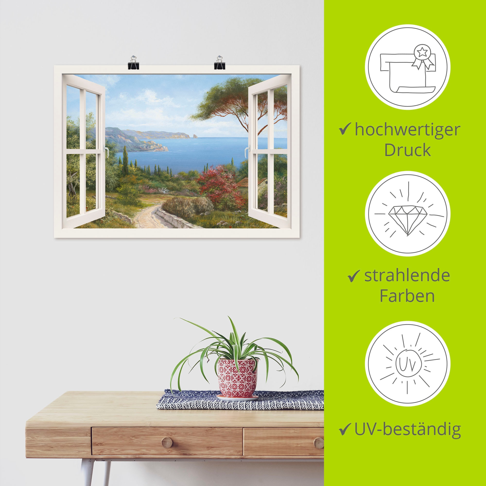 Artland Wandbild »Fensterblick - Haus am Meer I«, Fensterblick, (1 St.), als Leinwandbild, Poster, Wandaufkleber in verschied. Größen