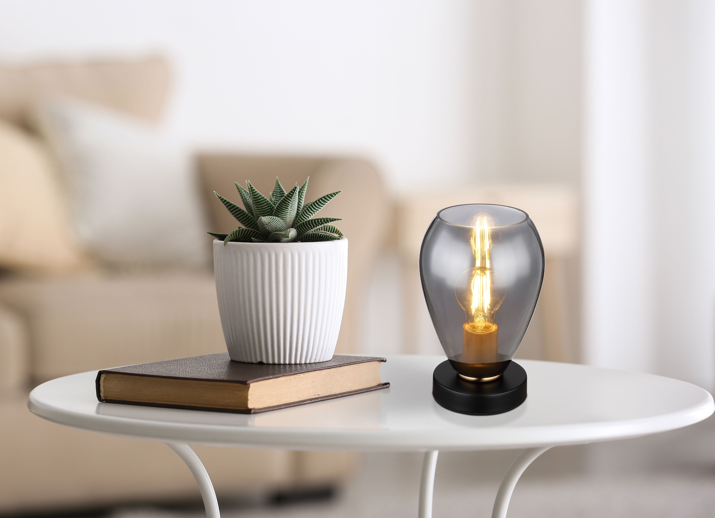 GLOBO LIGHTING Tischleuchte »FANNI«, Leuchtmittel E27 | ohne Leuchtmittel, Tischlampe/messing/Glas rauchfarben/Wohnzimmer/elegant
