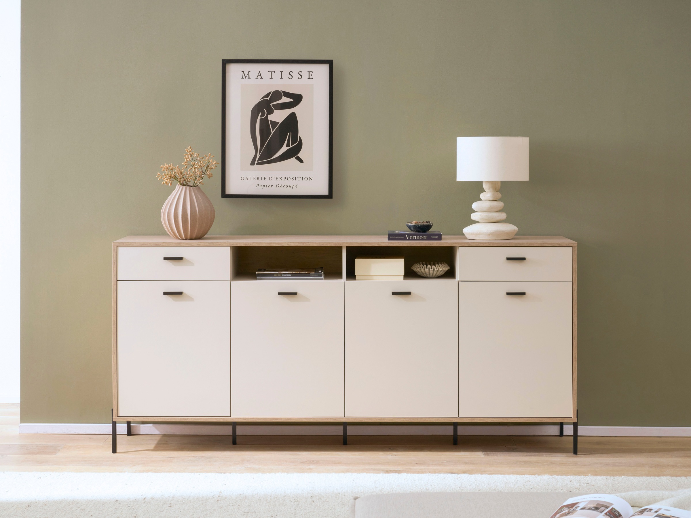 Home affaire Sideboard "Fredericia, moderne Kommode, Schrank in Kaschmir, 205 cm breit" zeitlos, schwarze Metallgriffe und -füße, ausreichend Stauraum