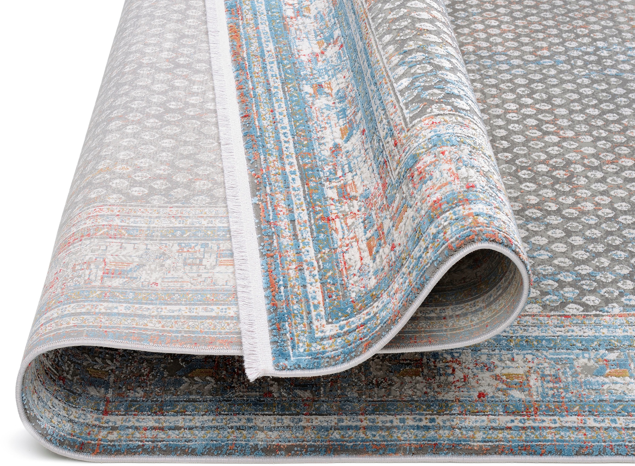 Teppich OCI DIE TEPPICHMARKE "BESTSELLER MIRI", bunt (grau, multi), B:120cm H:8mm L:180cm, Polyacryl, Viskose, Teppiche, Teppich, Glanz Viskose, mit Fransen, Hoch Tief Struktur, Vintage, Wohnzimmer 3