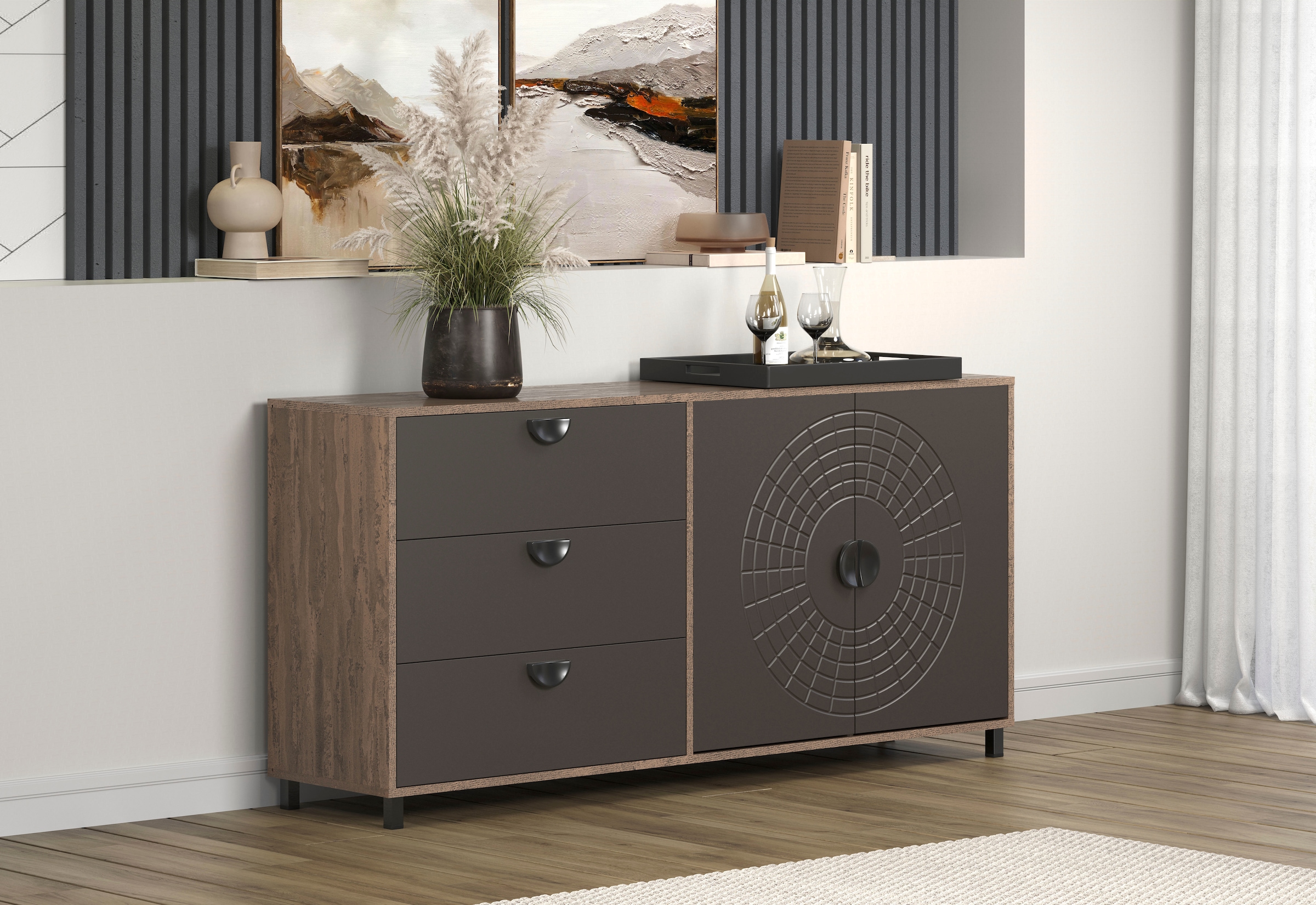 Home affaire Sideboard »Fusion« 1 Stk. tlg. Kommode mit markantem Kreismuster - Antikoptik - (B/T/H) 176/42/86 cm