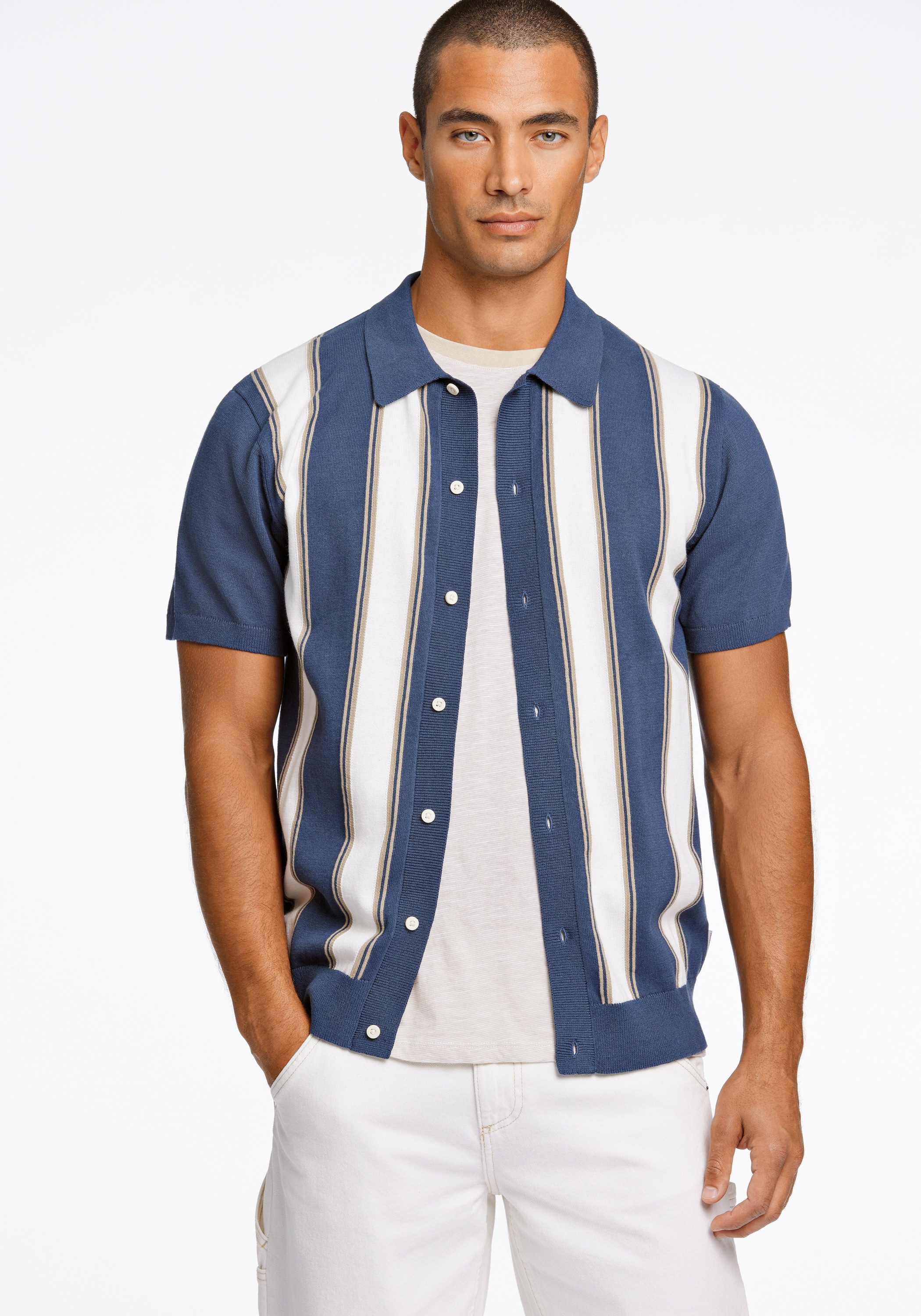 Strickcape LINDBERGH "Cardigan Kurzarm Relaxed Fit", Herren, Gr. L, blau (dk blau), Obermaterial: 100% Baumwolle, gestreift, Strickjacken