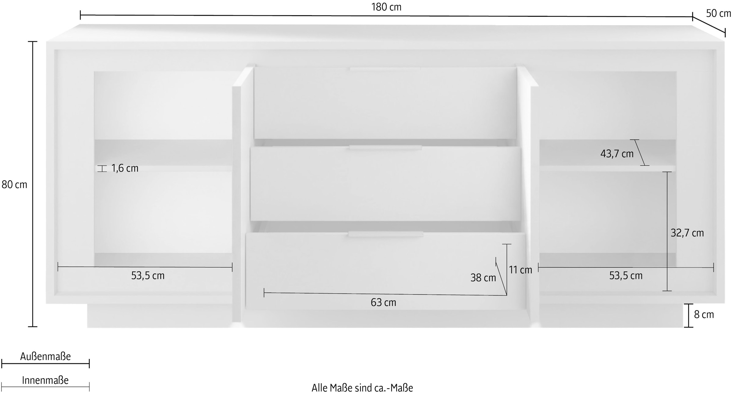 Home affaire Sideboard »Sky, B/T 180/50 cm, Kommode/Stauraumschrank, 2 Türen, 3 Schubkästen« Softclosing, Korpus & Front 22 mm stark, Rahmen-Optik, Metallgriffe