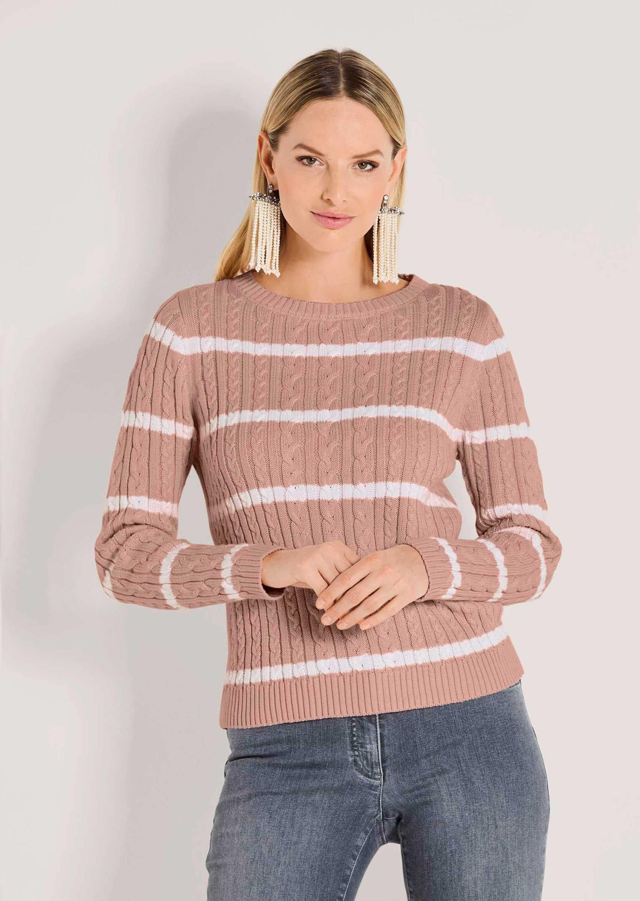 MADELEINE Longpullover »Strickpullover Moderner Baumwollpullover mit Zopfmuster und Ringel-Design« Kontraststreifen