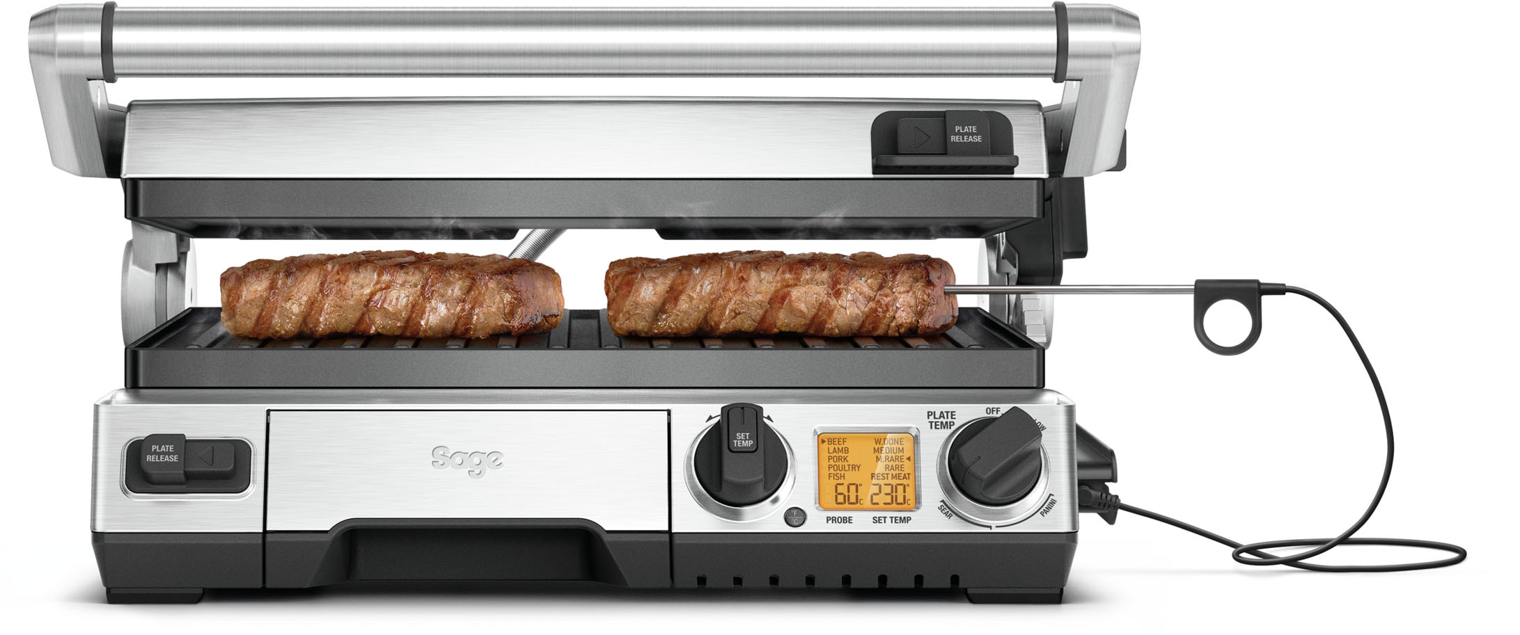 Sage Kontaktgrill "the Smart Grill Pro, BGR840BSS", 2400 W, antihaftbeschichtete und geneigte Grillfläche