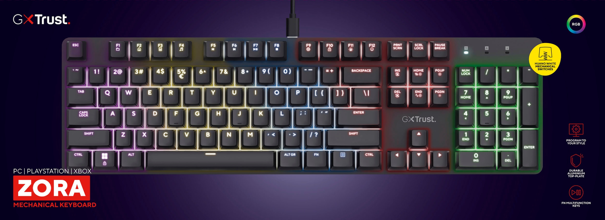 Trust Gaming-Tastatur »GXT 871 Zora«, (Anpassbare Höhe-Ziffernblock-Fn-Tasten-USB-Anschluss)