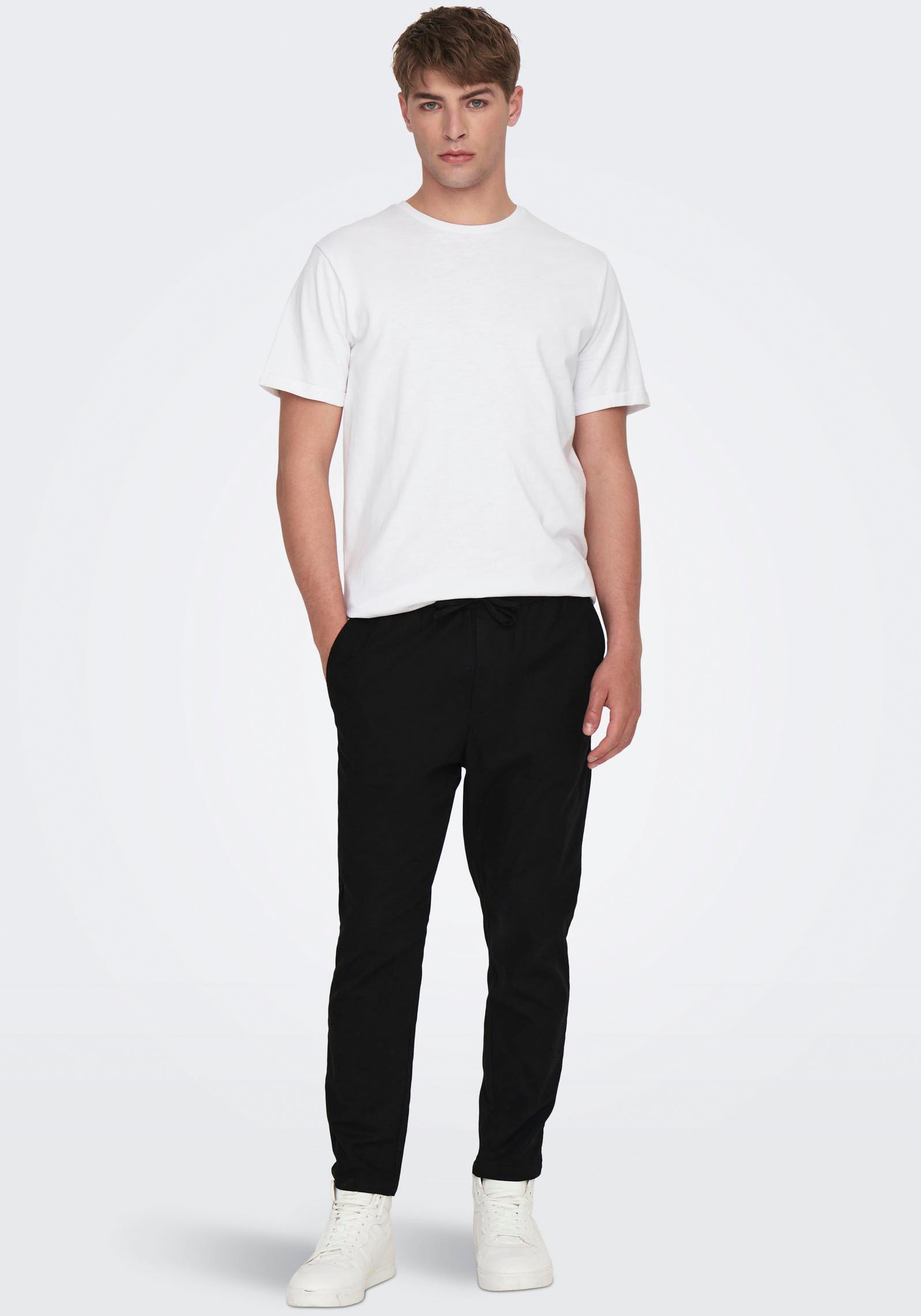 Stoffhose ONLY & SONS "ONSLINUS CROP 0007 COT LIN PNT NOOS", Herren, Gr. S, N-Gr, schwarz, Web, Obermaterial: 75% Baumwolle, 25% Leinen, unifarben, slim fit knöchellang, Hosen Stoffhose, mit Leinen 3