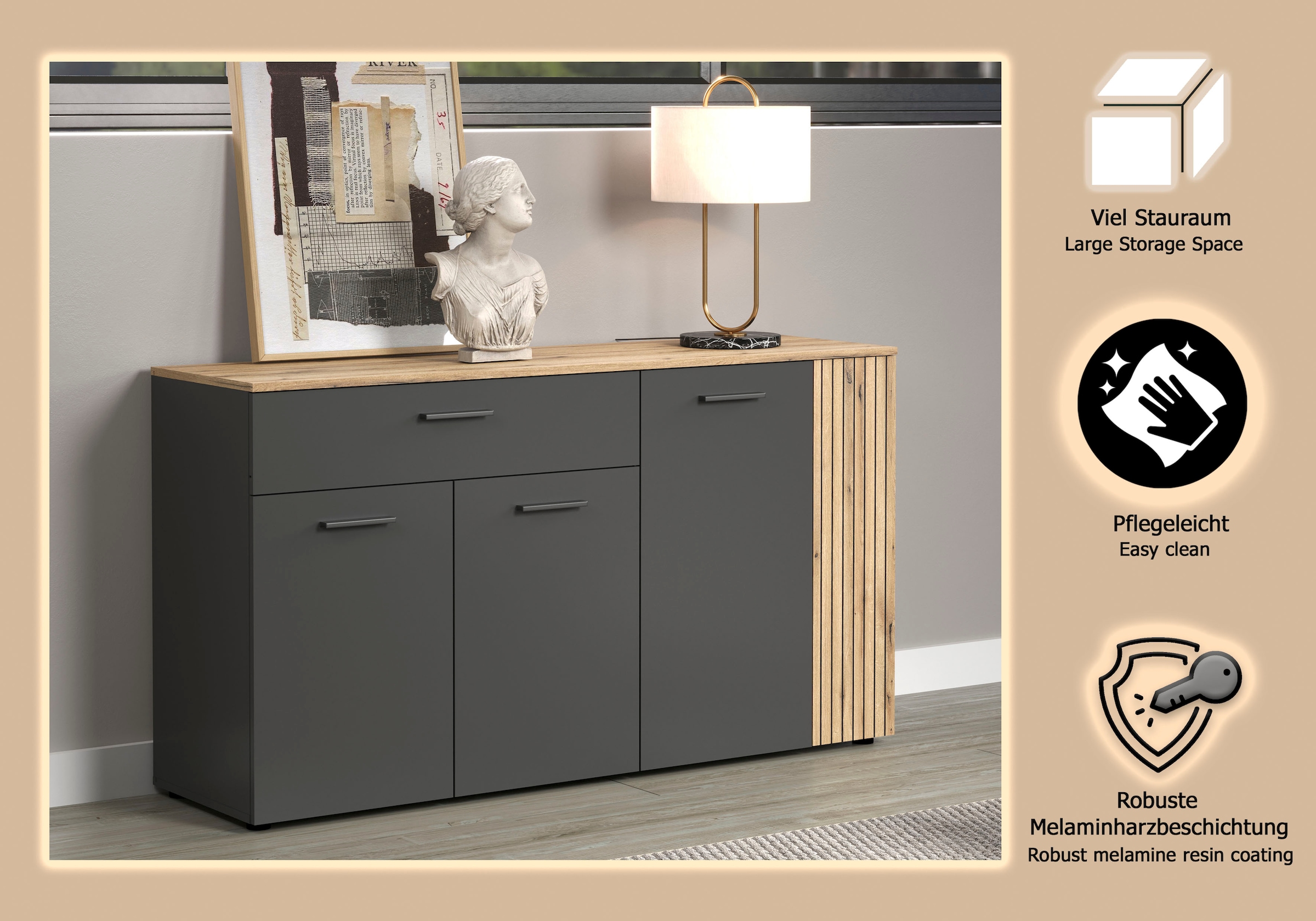 INOSIGN Sideboard »Estepona« 1 Stk. tlg. Kommode, Akustikpaneel-Look; Breite 150 cm