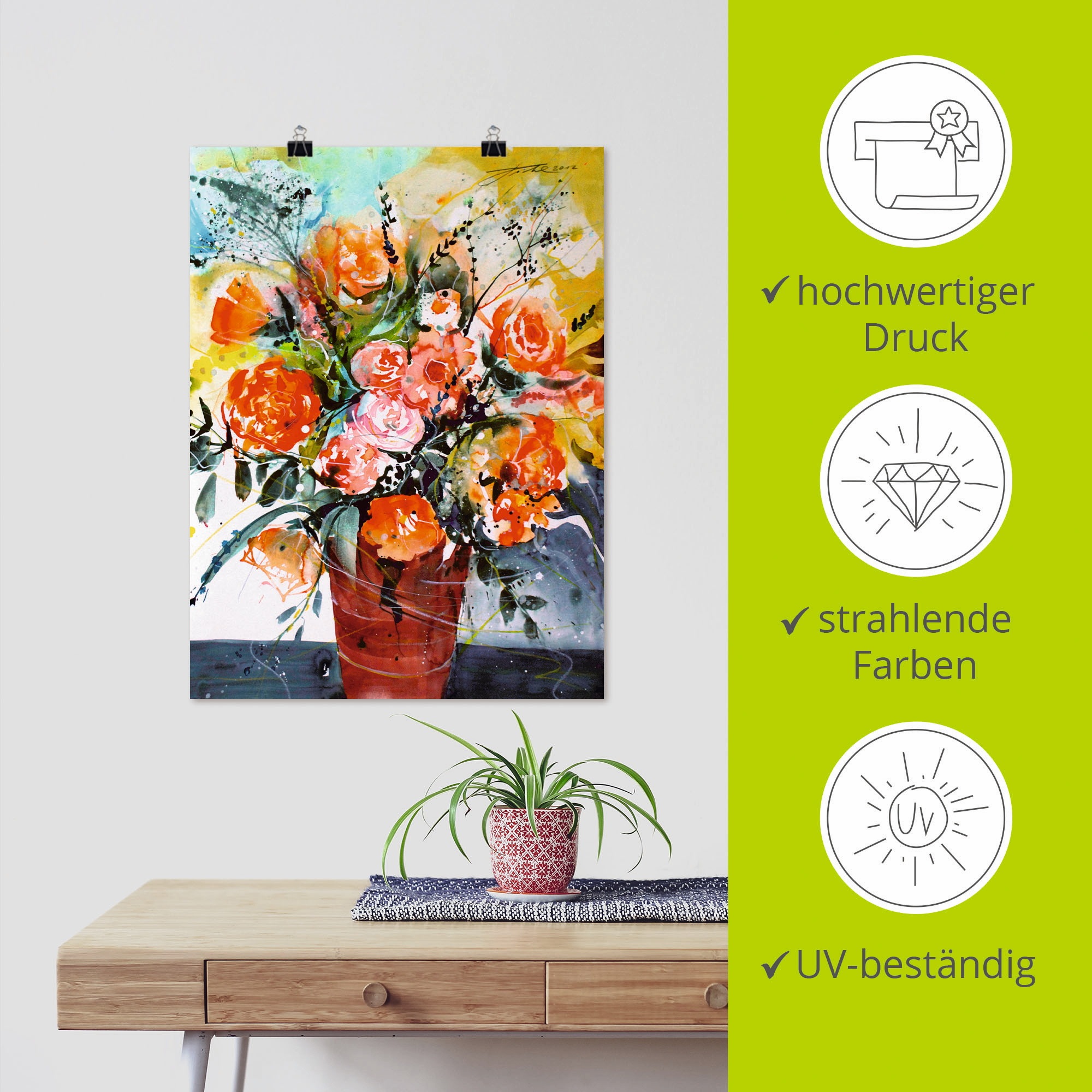 Artland Poster »Rosen in brauner Vase«, Blumen, (1 St.), als Alubild, Leinwandbild, Wandaufkleber oder Poster in versch. Größen