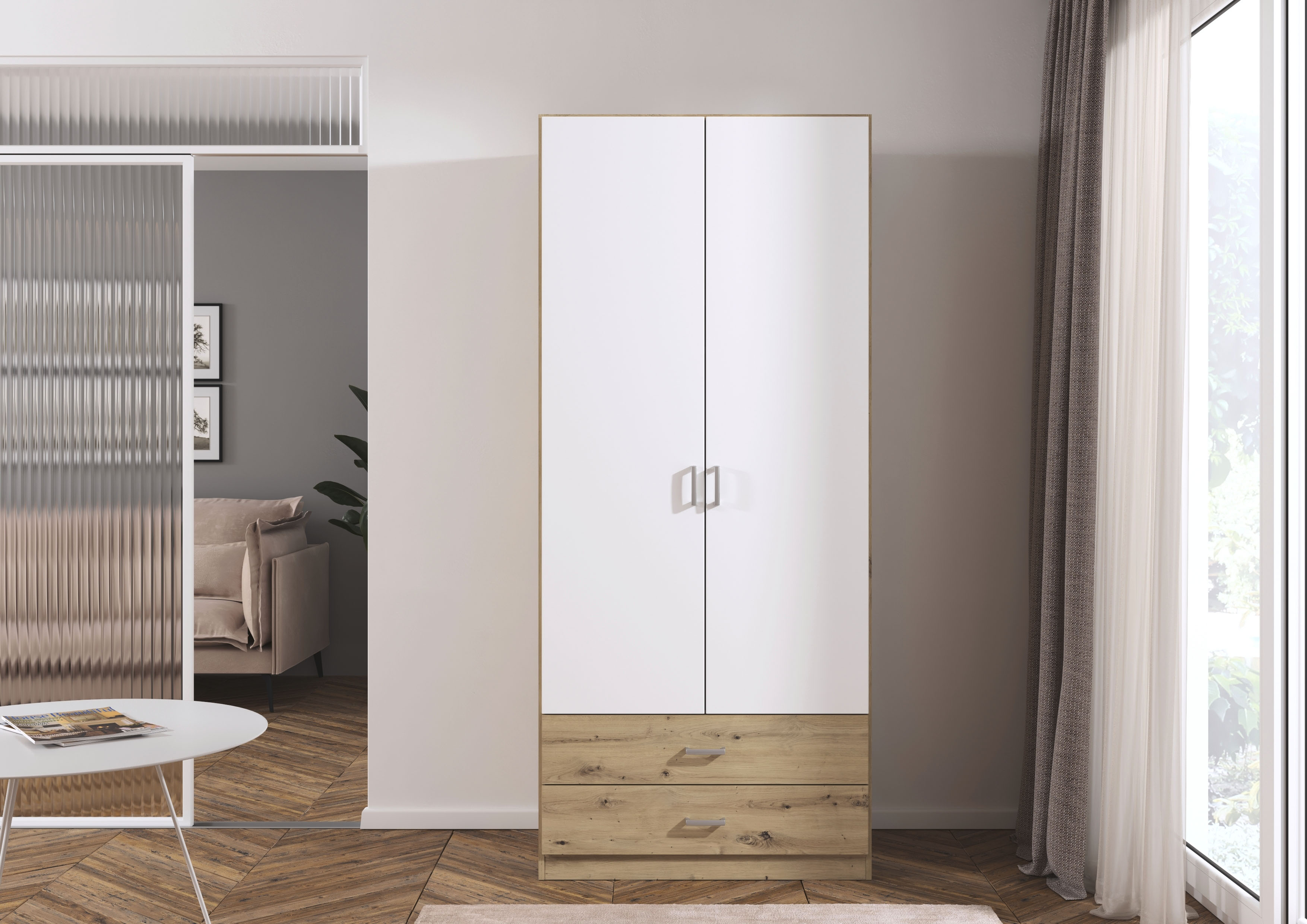 rauch Drehtürenschrank "Kleiderschrank Garderobe GAMMA Breite 91 cm" in 3 Ausstattungen BASIC/CLASSIC/PREMIUM (inkl. SOFT-CLOSE-Funktion), mit Schubladen, verschiedene Griff-Varianten TOPSELLER MADE IN GERMANY