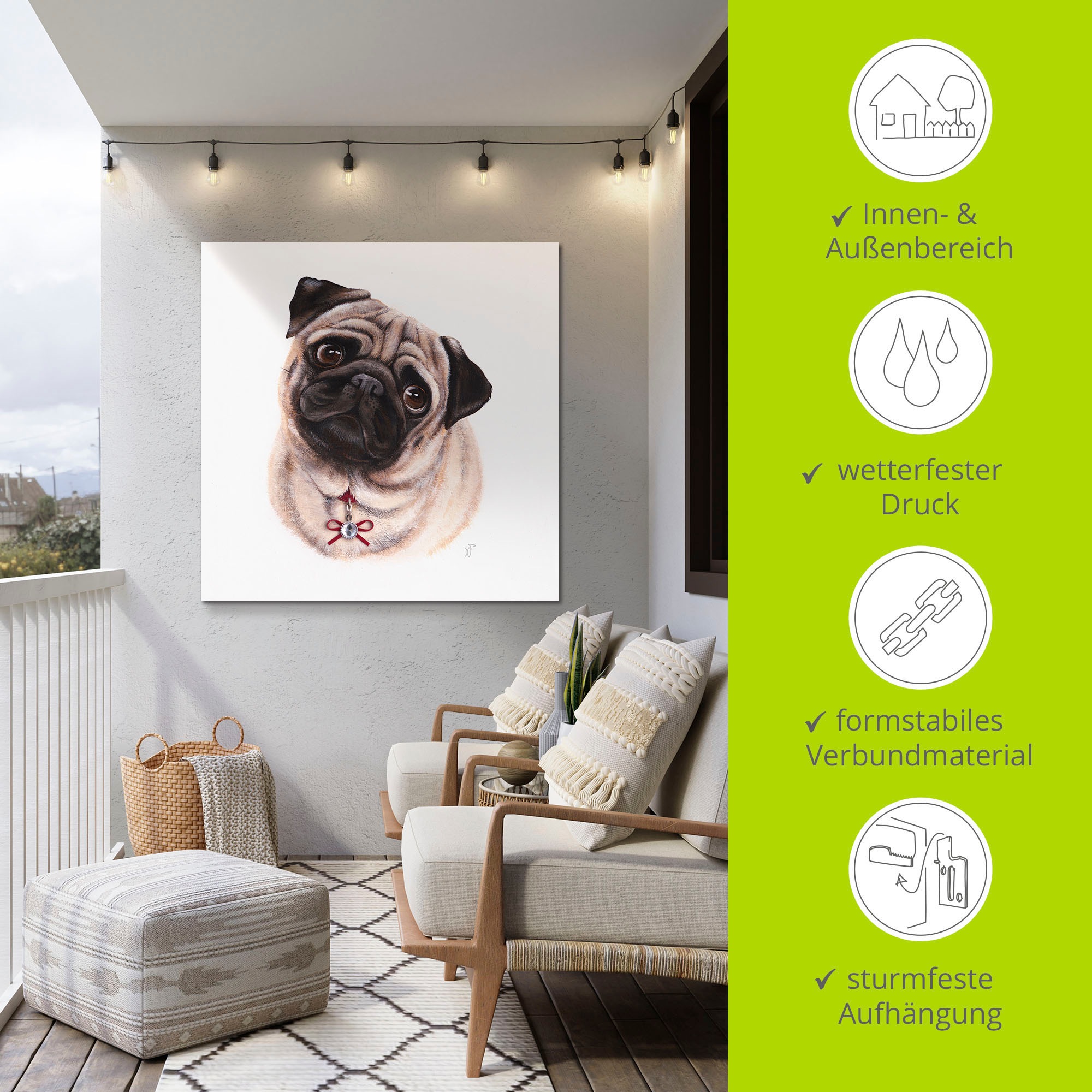 Artland Wandbild »Mops mit Diamanten«, Hundebilder, (1 St.), als Alubild, Outdoorbild, Poster in verschied. Größen