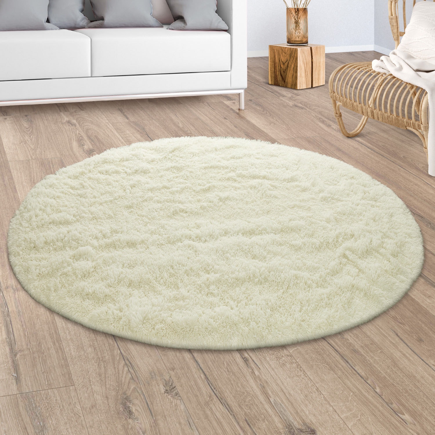 Paco Home Hochflor-Teppich "Silky 591" rund 37 mm Höhe Uni-Farben, besonders weich und kuschelig, Wohnzimmer
