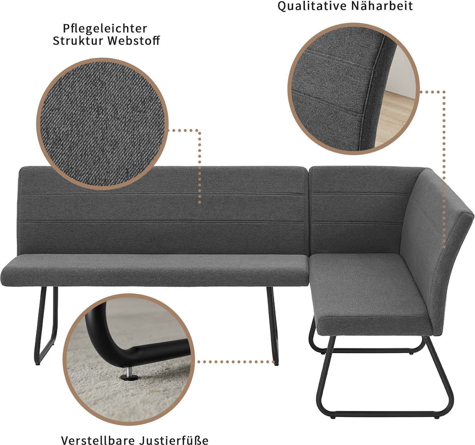 OTTO home Eckbankgruppe »Stevian« Set, 1 ausziehbarer Esstisch + 1 Eckbank Recamiere links + 2 Stühle, 4 Stk. tlg. Holz, Strukturstoffbezug, Freischwingerstühle, gesteppten Bänken