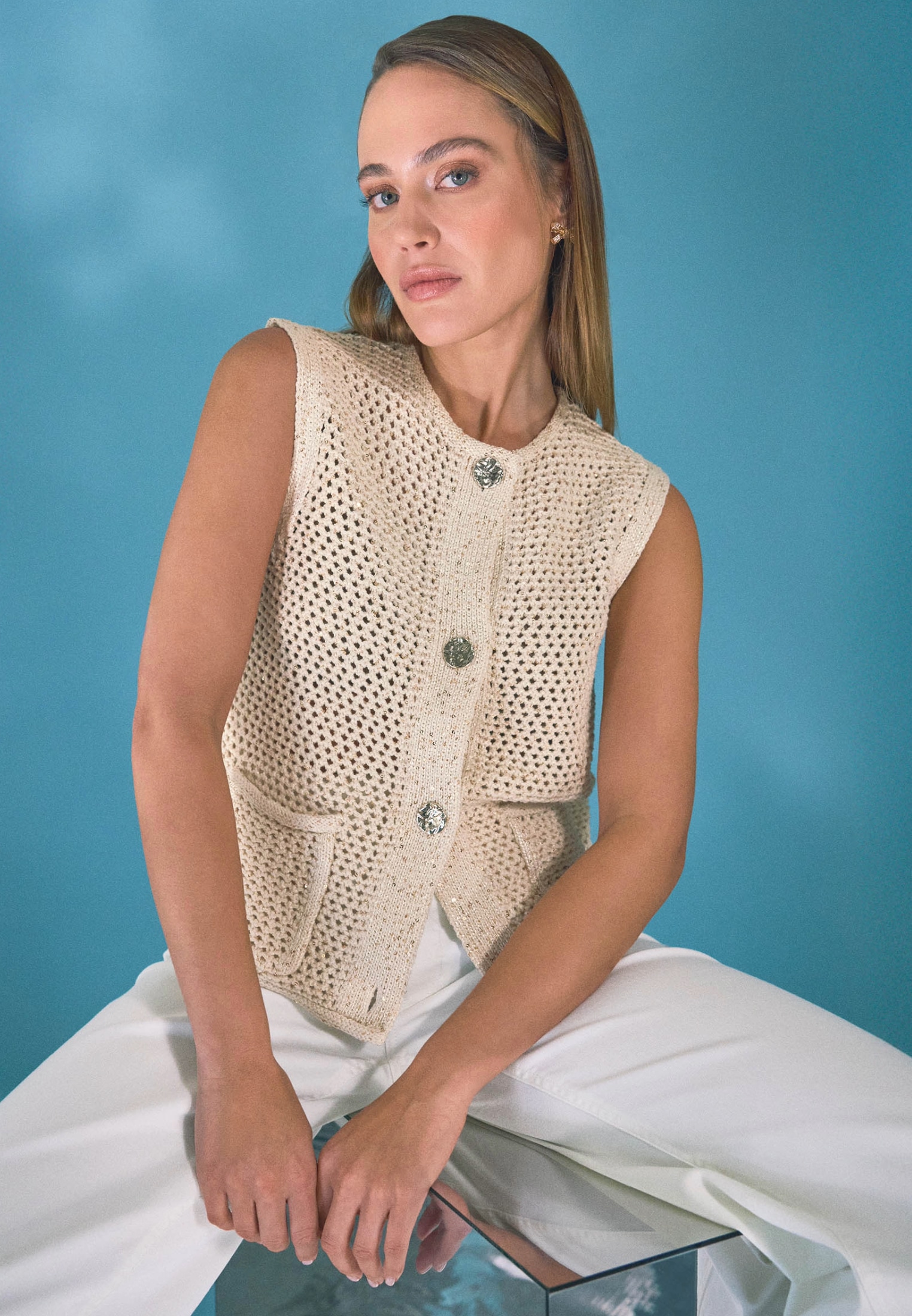 Zero Strickpullover »zero Strickweste mit Glitzer«, (1 tlg.), Knopfleiste