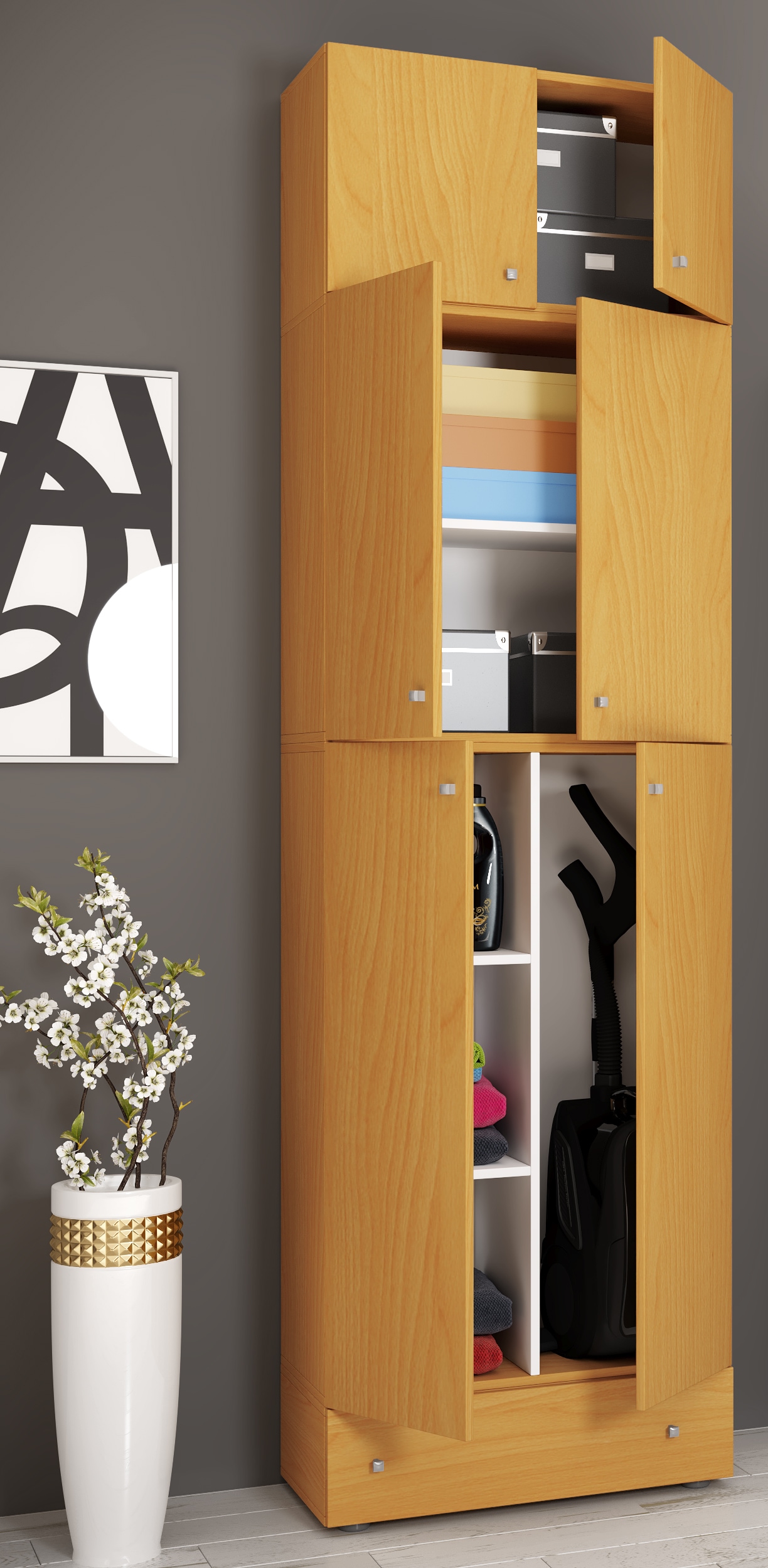 VCM Mehrzweckschrank »VCM Holz Besenschrank | 6 Fächer | Maße: H. 240 x B. 70 x T. 39 cm | Haushaltsschrank | Mehrzweckschrank | Aufsatz mit 2 Türen | Extra Schublade - Lona«, (1 St.)